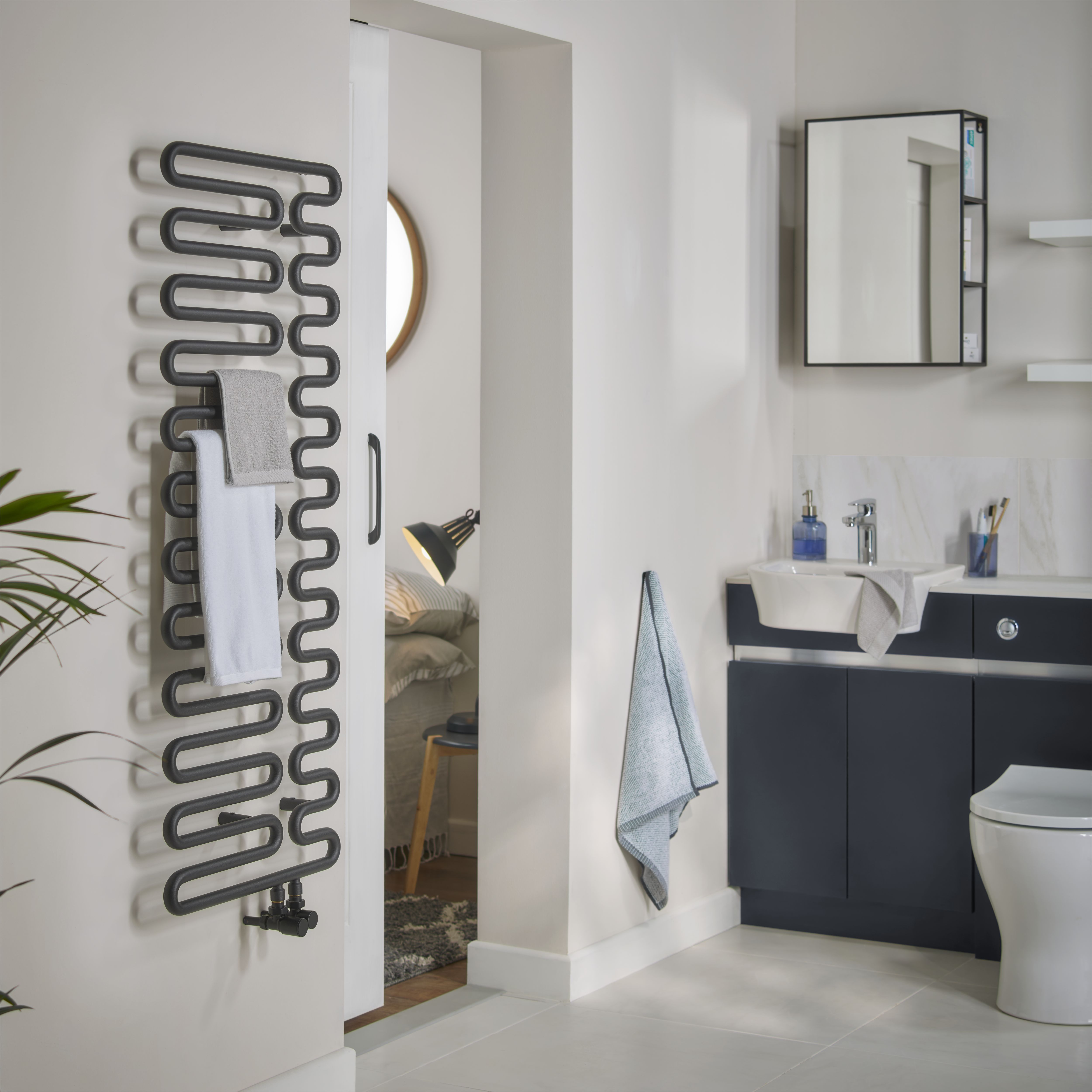 Croydex Matt Black Mirror effect Steel Rectangular Wall-mounted Bathroom Shelving (D)17.9cm (H)60cm (L)40cm