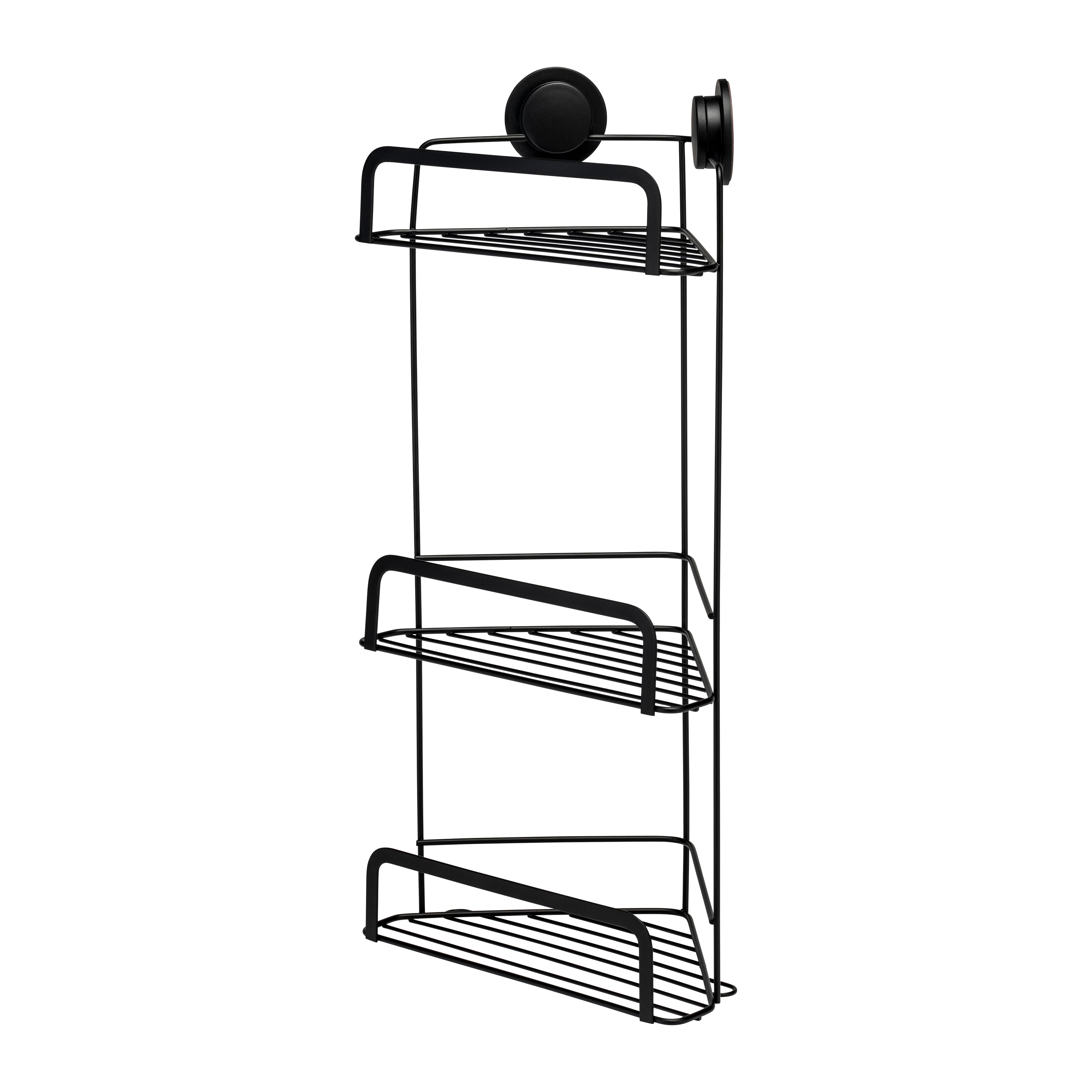 Croydex Stick N Lock Black Steel 3 tier Corner shower basket (W)26cm