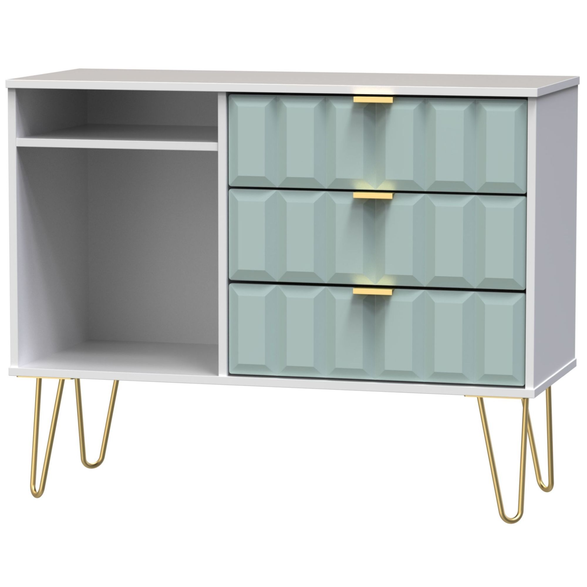 Cube Ready assembled Matt duck egg & white TV furniture stand with 2 shelves & 3 drawers, (H)97cm x (W)74cm x (D)39.5cm