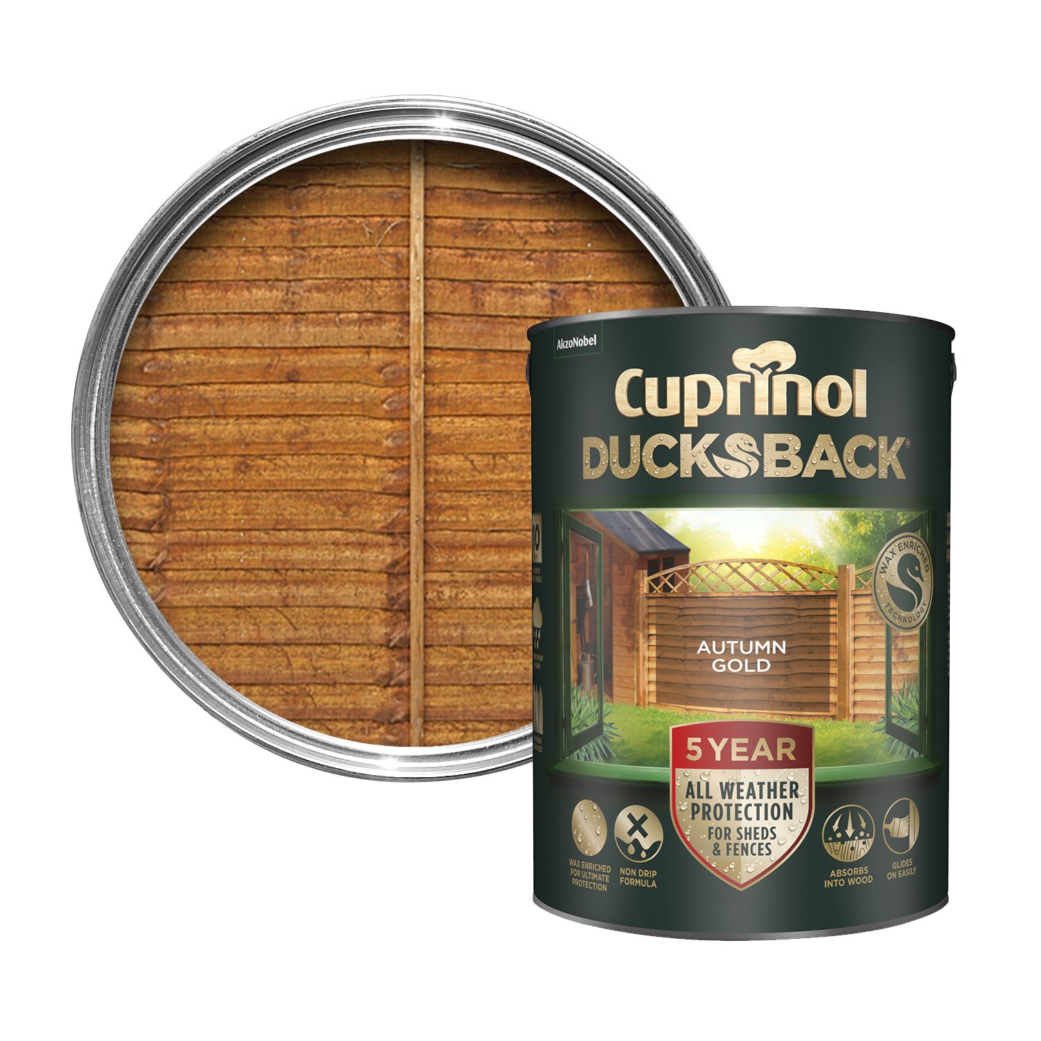 Cuprinol 5 year ducksback Autumn gold Exterior Fence & shed Treatment Wood paint, 5L