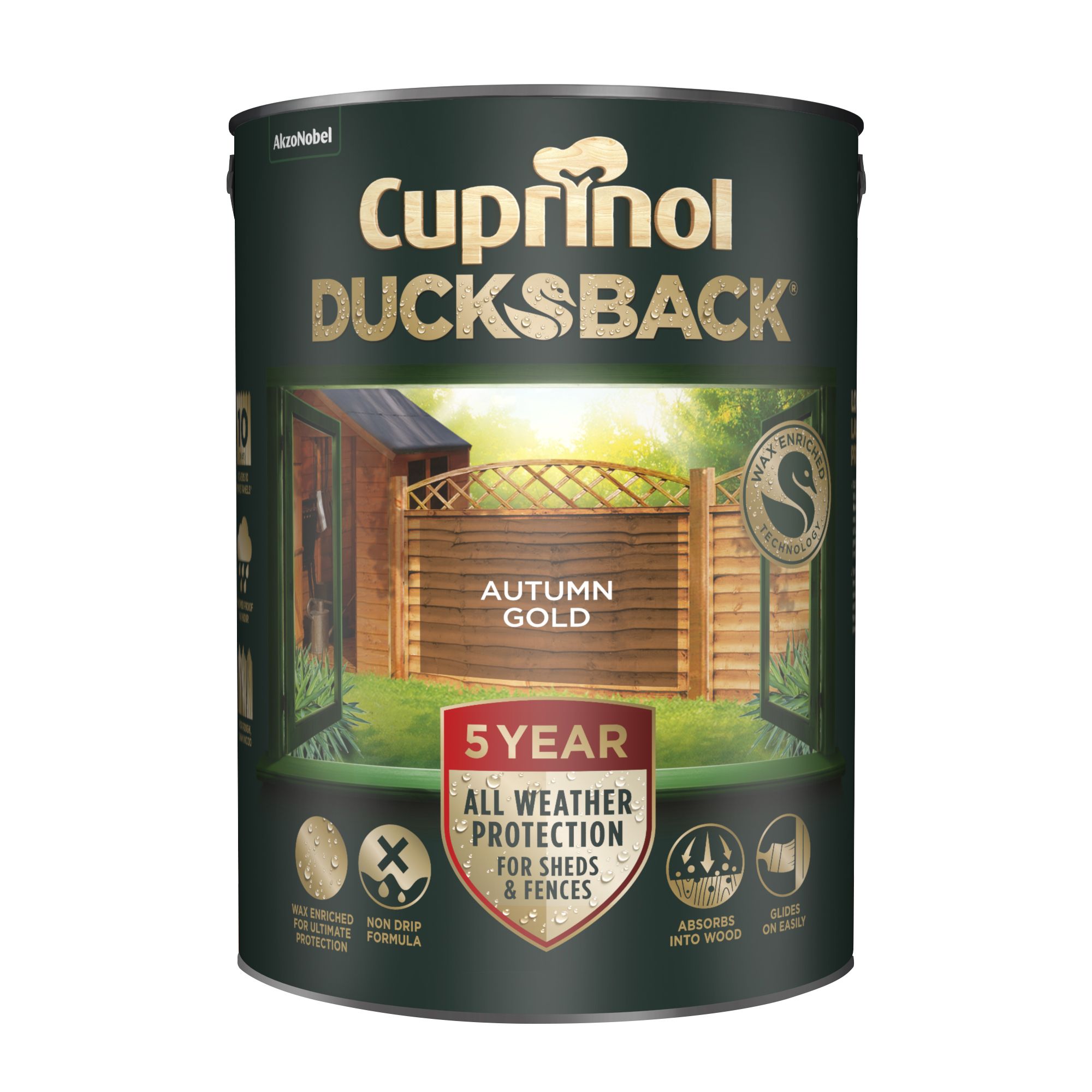 Cuprinol 5 year ducksback Autumn gold Exterior Fence & shed Treatment Wood paint, 5L
