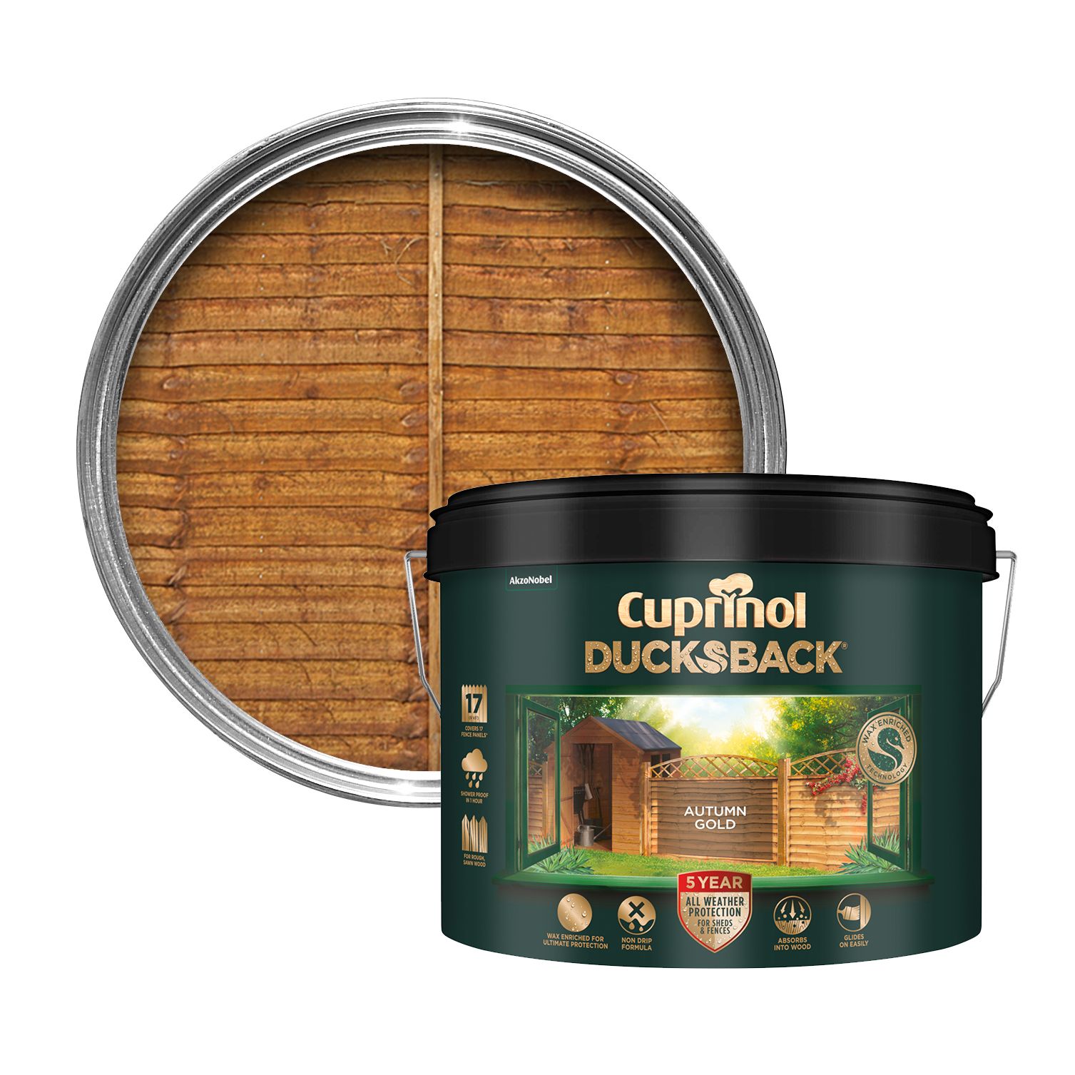 Cuprinol 5 year ducksback Autumn gold Exterior Fence & shed Treatment Wood paint, 9L Tin