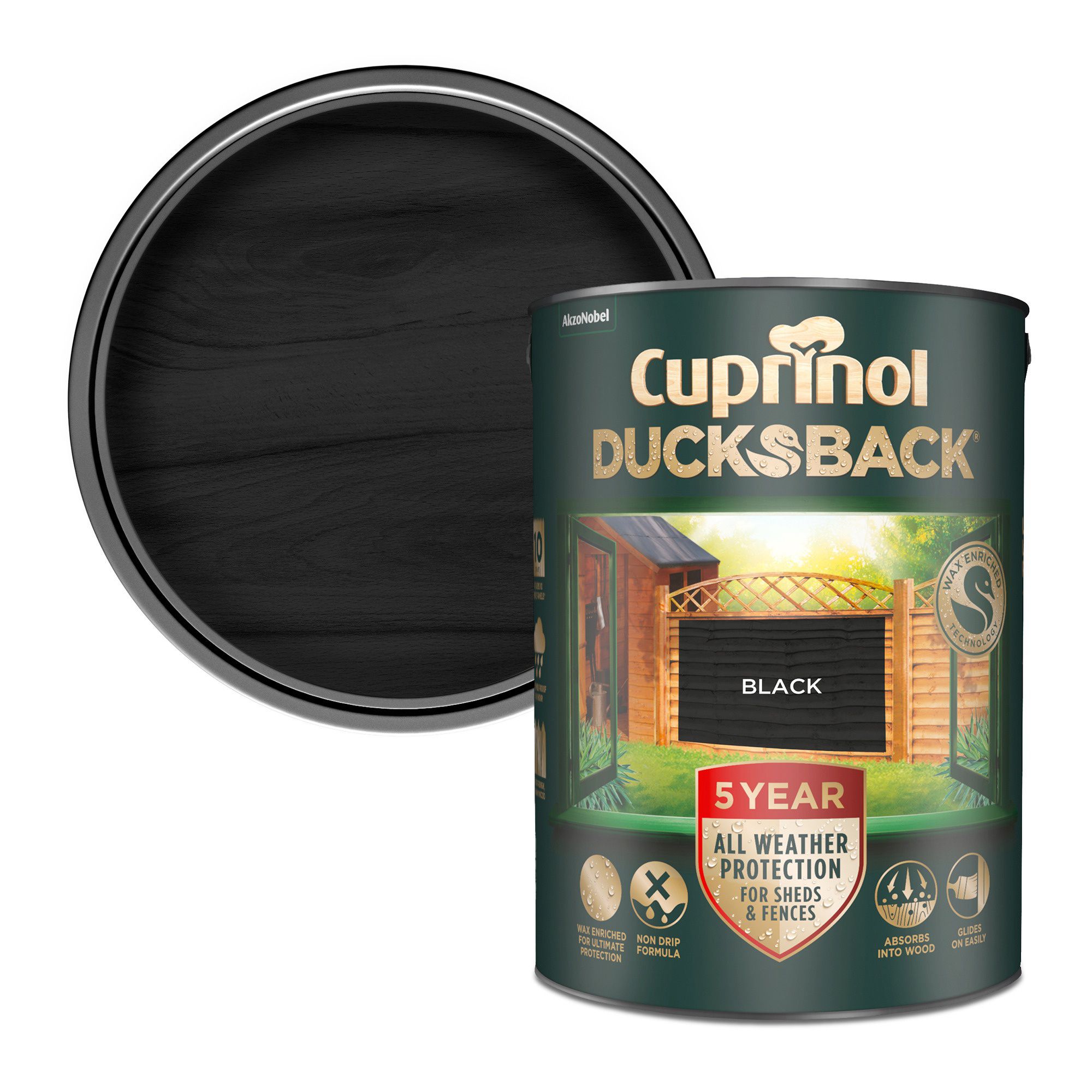Cuprinol 5 year ducksback Black Matt Exterior Fence & shed Treatment Wood paint, 5L