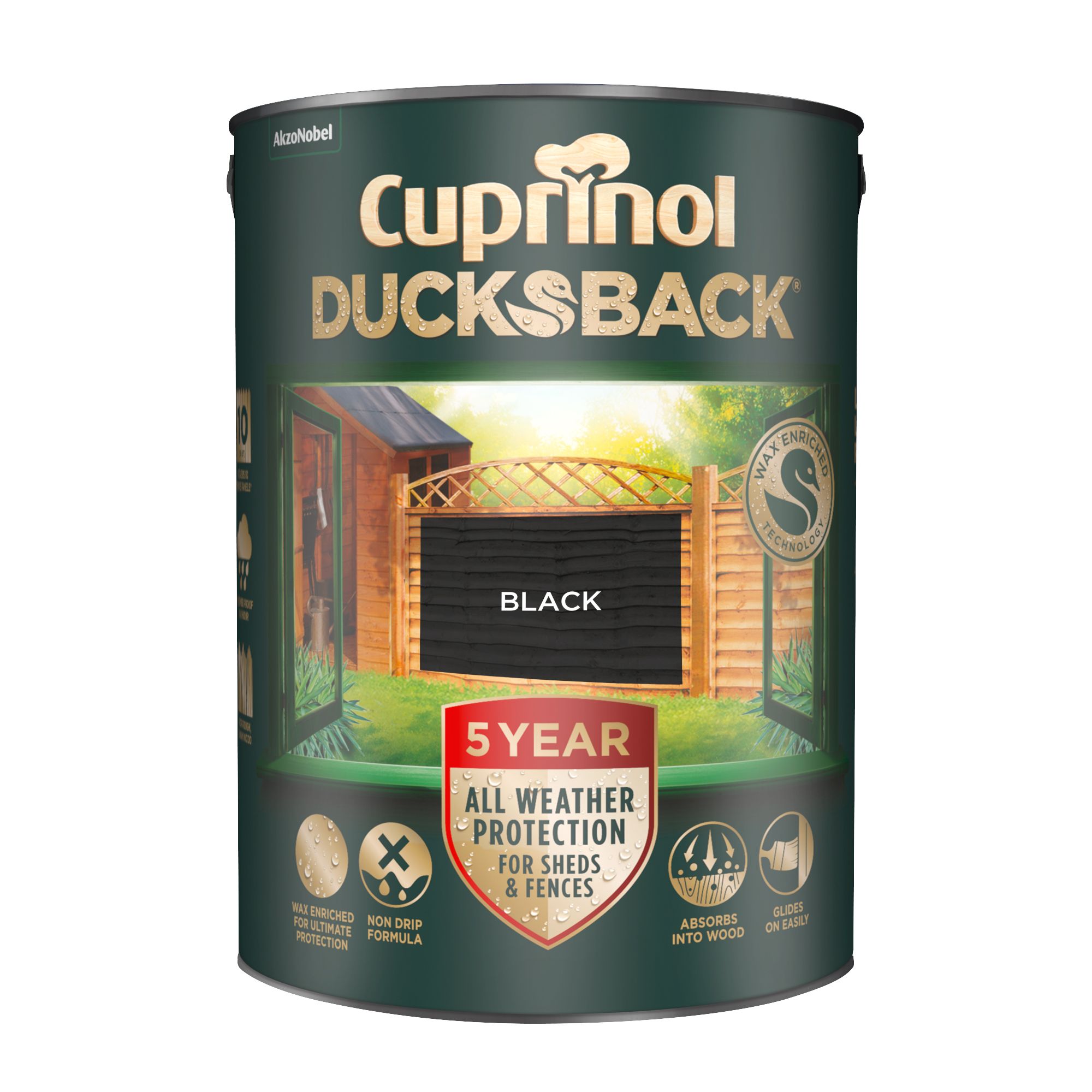 Cuprinol 5 year ducksback Black Matt Exterior Fence & shed Treatment Wood paint, 5L