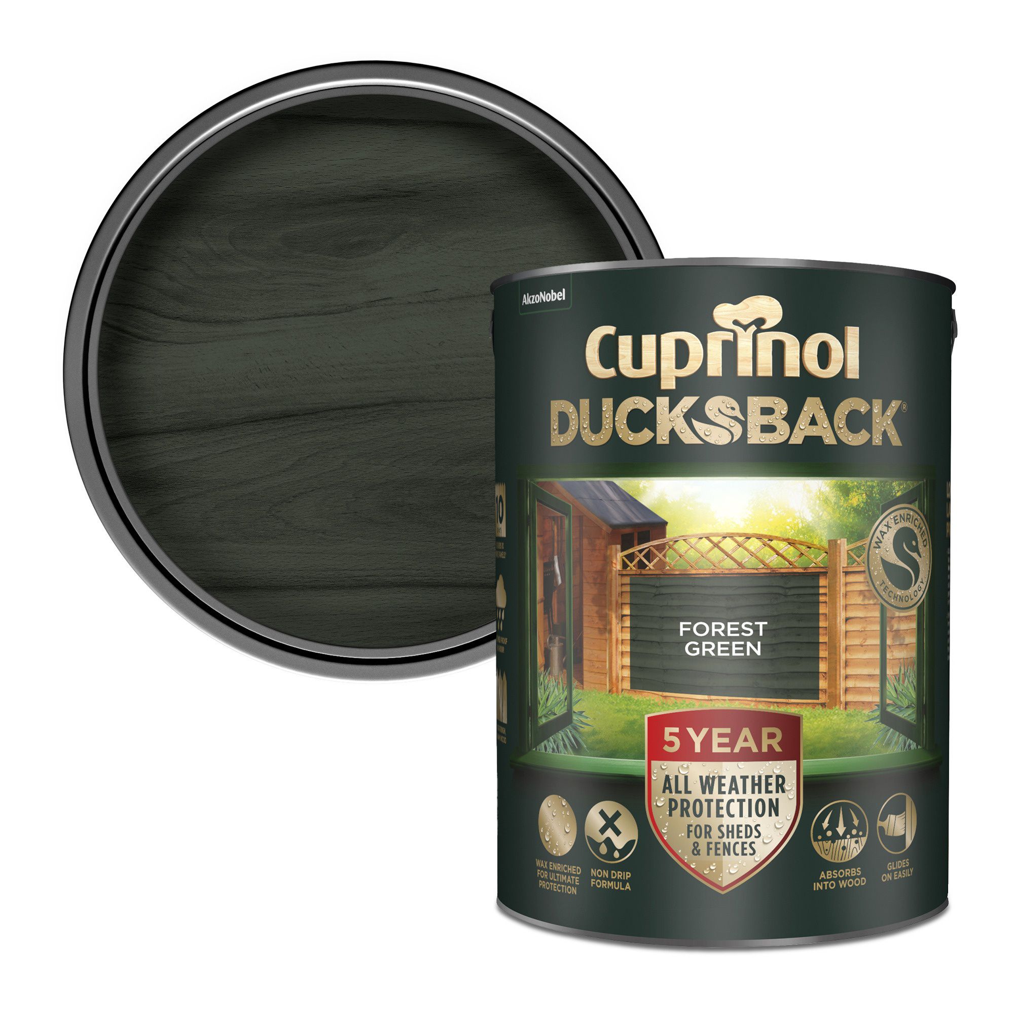 Cuprinol 5 year ducksback Forest green Exterior Fence & shed Treatment Wood paint, 5L