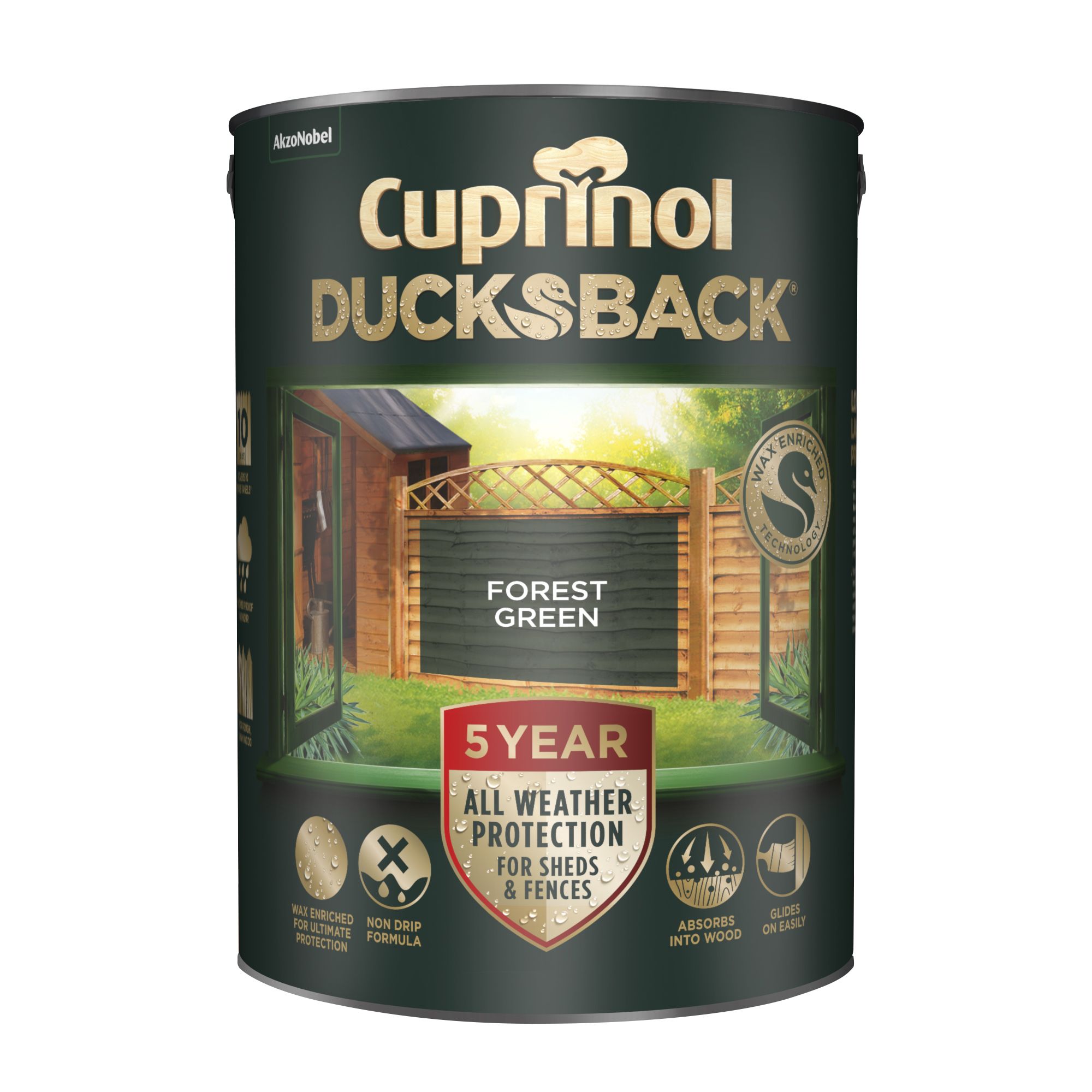 Cuprinol 5 year ducksback Forest green Exterior Fence & shed Treatment Wood paint, 5L