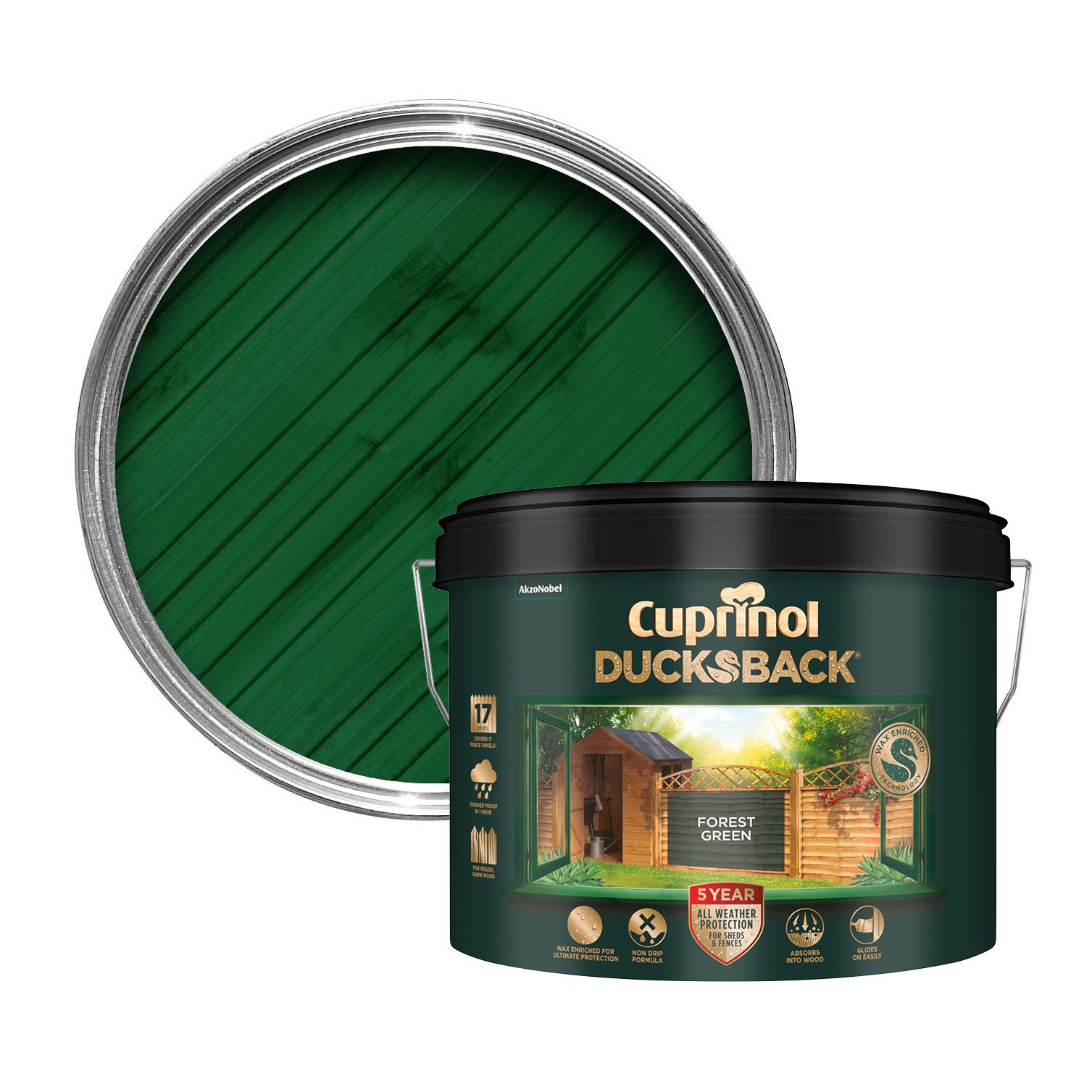 Cuprinol 5 year ducksback Forest green Exterior Fence & shed Treatment Wood paint, 9L