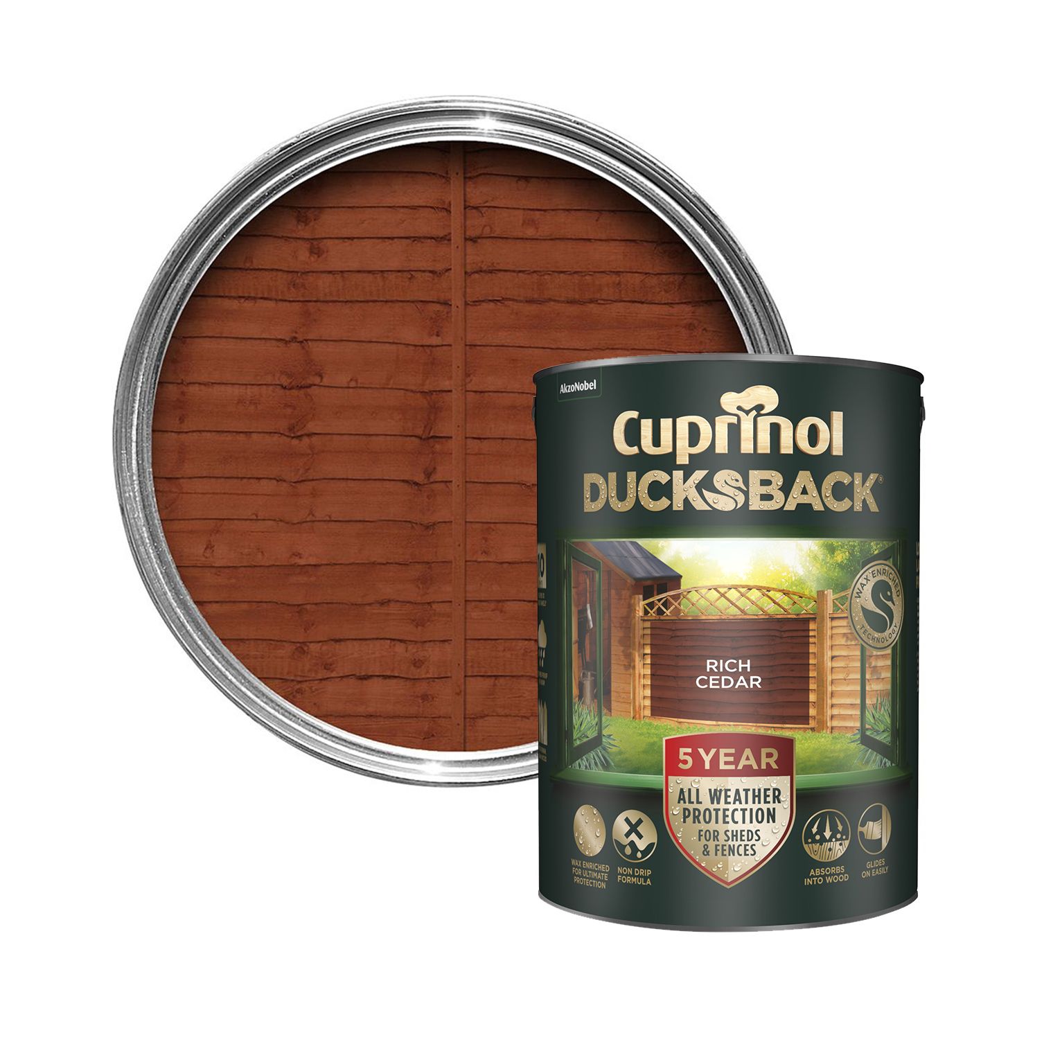 Cuprinol 5 year ducksback Rich cedar Exterior Fence & shed Treatment Wood paint, 5L Tin