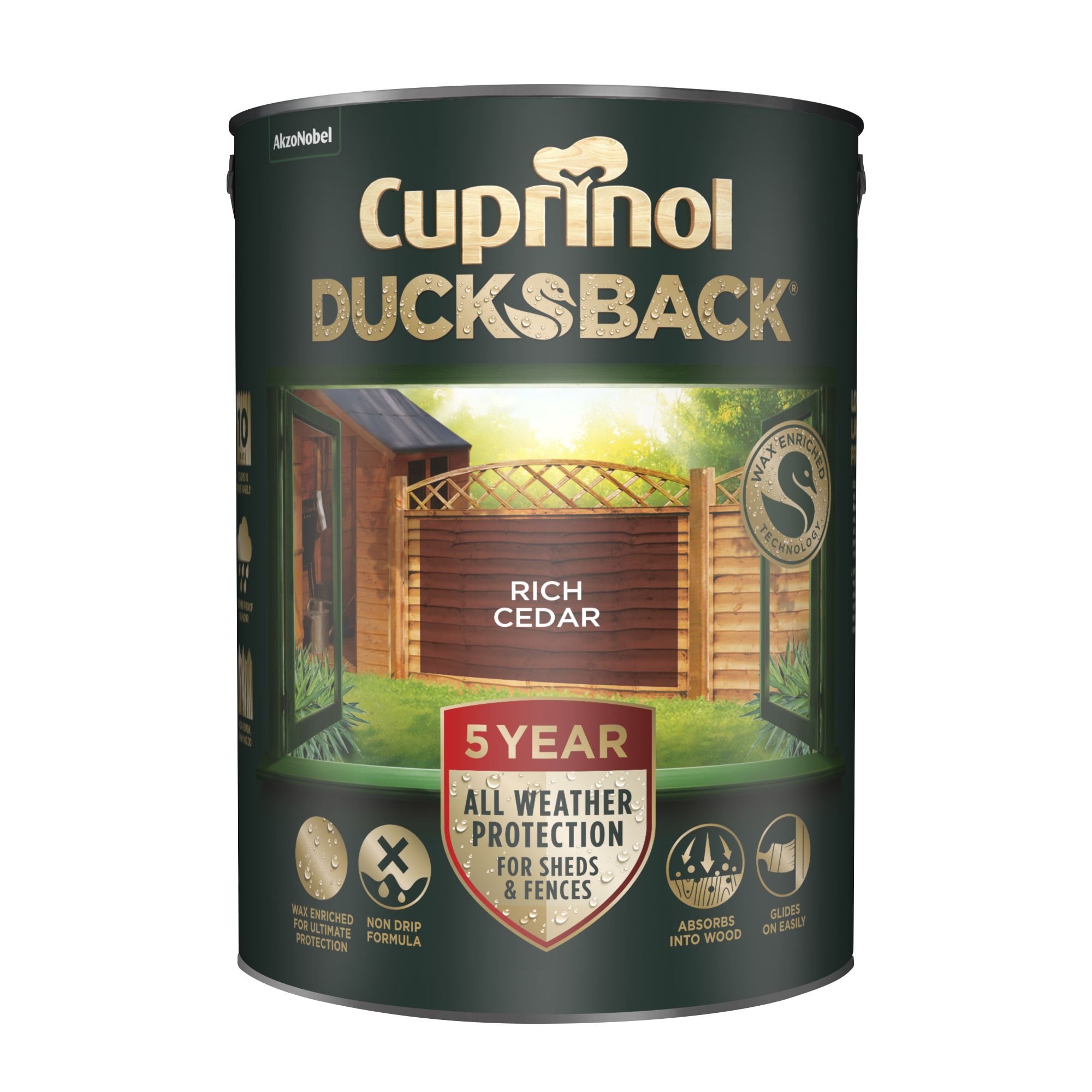 Cuprinol 5 year ducksback Rich cedar Exterior Fence & shed Treatment Wood paint, 5L Tin