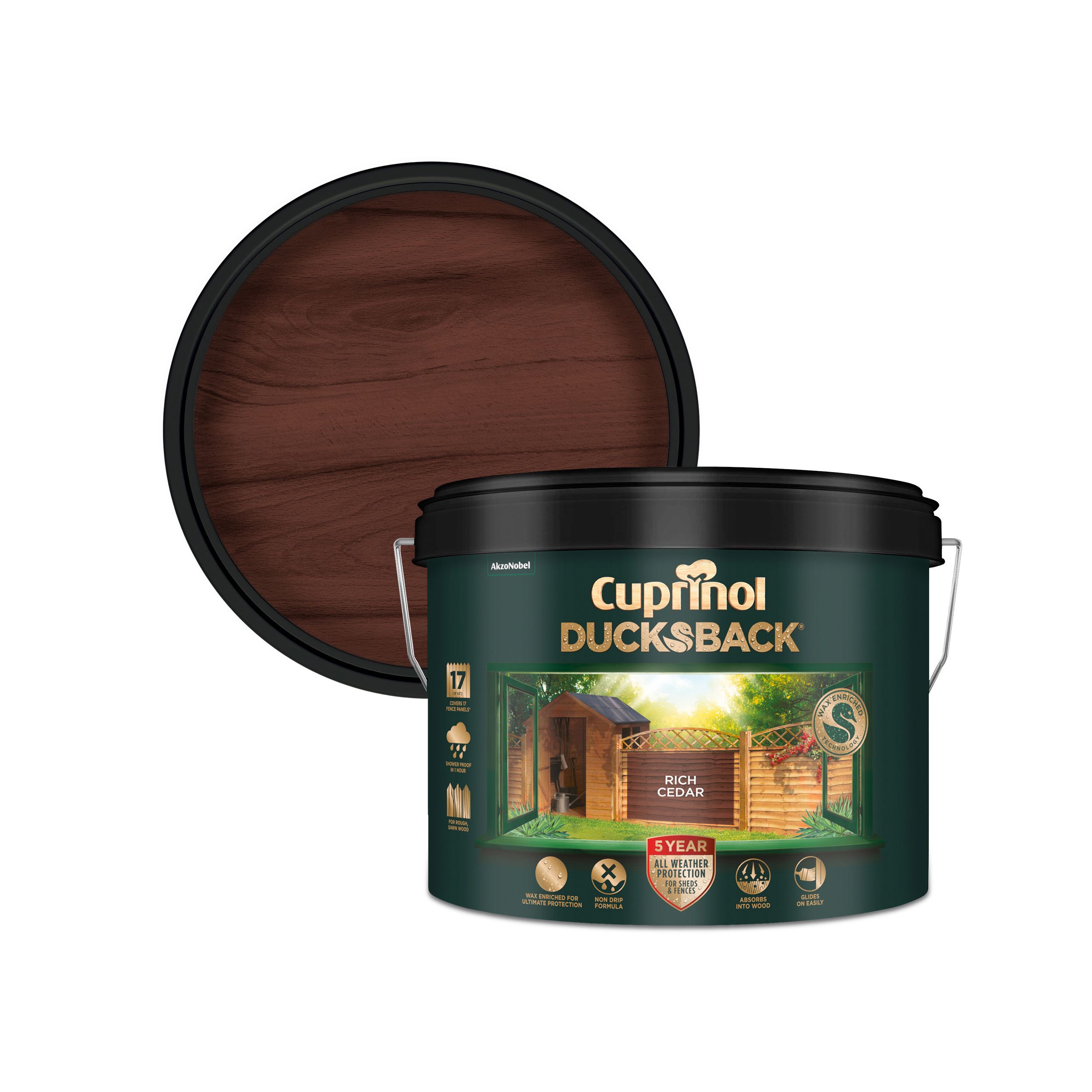 Cuprinol 5 year ducksback Rich cedar Exterior Fence & shed Treatment Wood paint, 9L Tin