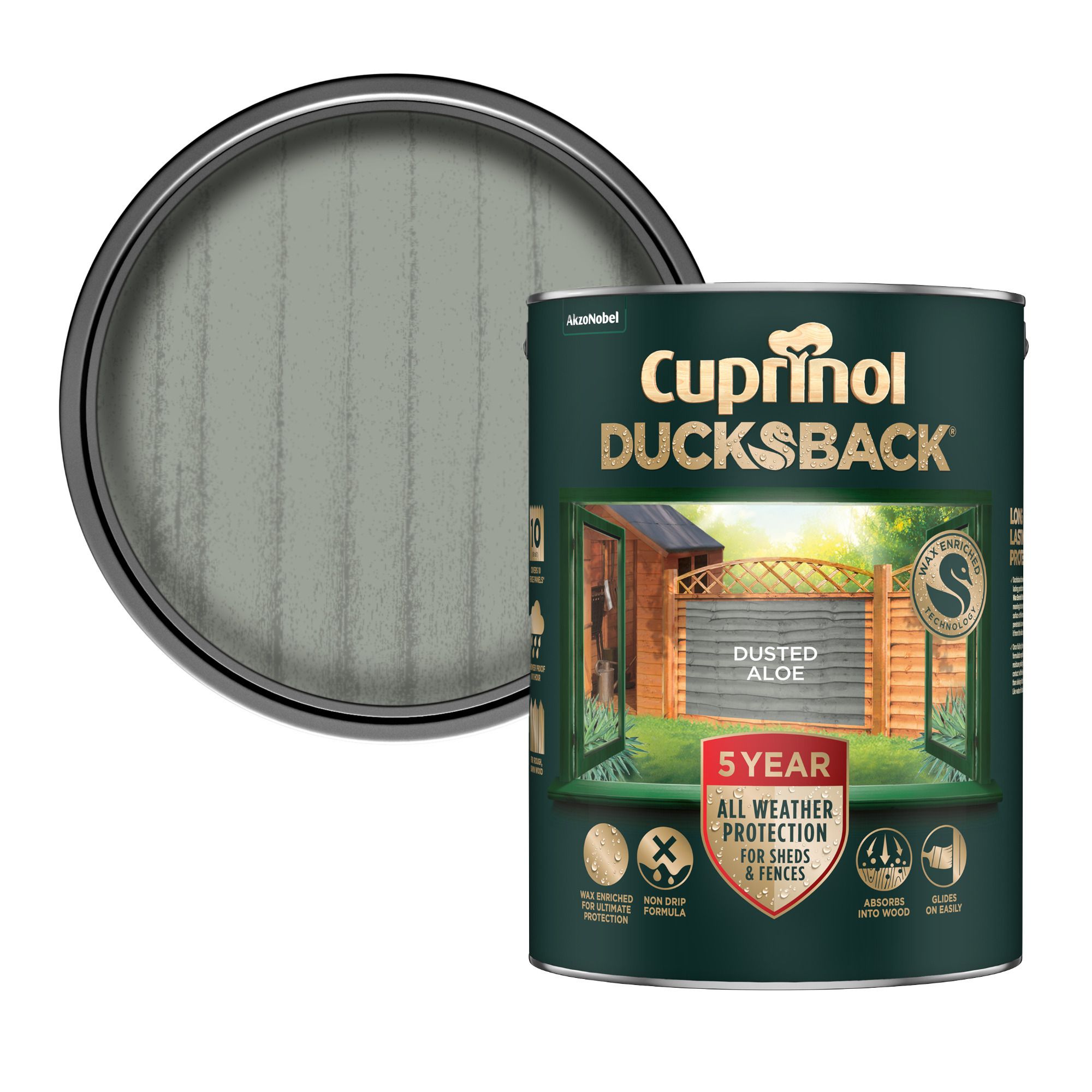 Cuprinol Ducksback Dusted Aloe Matt Exterior Arbours, fencing, gates, sheds & summerhouses Preserver Wood paint, 5L Tin
