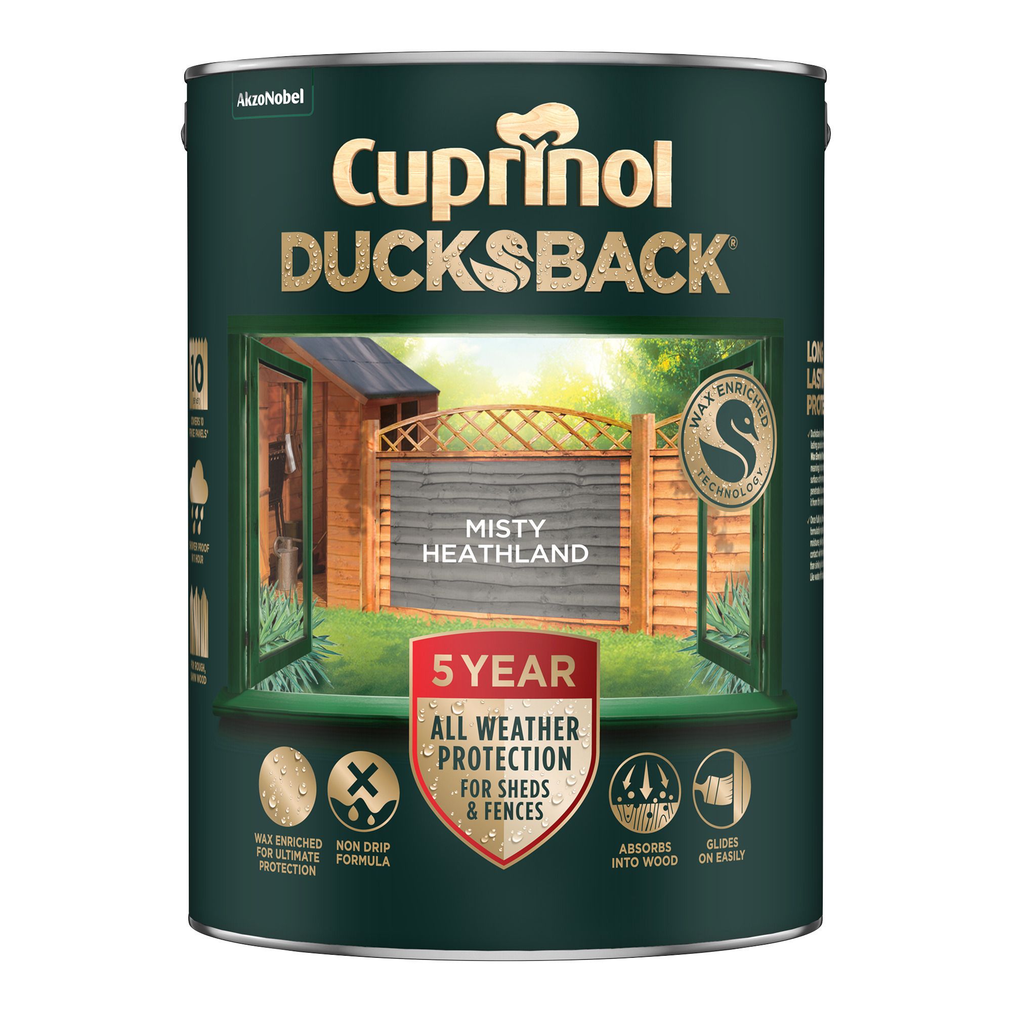 Cuprinol Ducksback Misty Heathland Matt Exterior Arbours, fencing, gates, sheds & summerhouses Preserver Wood paint, 5L Tin