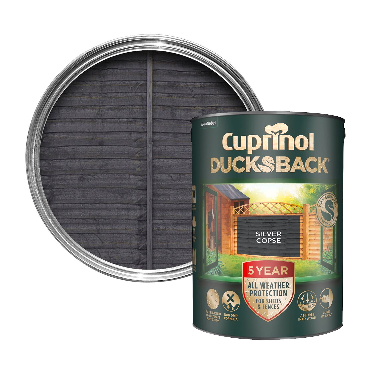 Cuprinol Ducksback Silver Copse Matt Exterior Fence & shed Treatment Wood paint, 5L