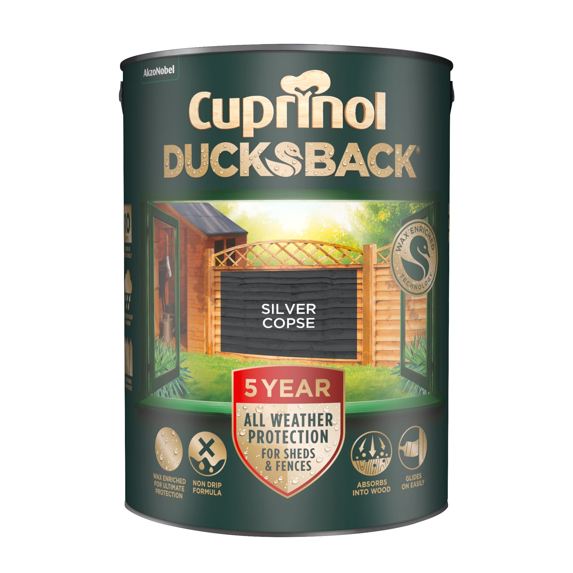 Cuprinol Ducksback Silver Copse Matt Exterior Fence & shed Treatment Wood paint, 5L