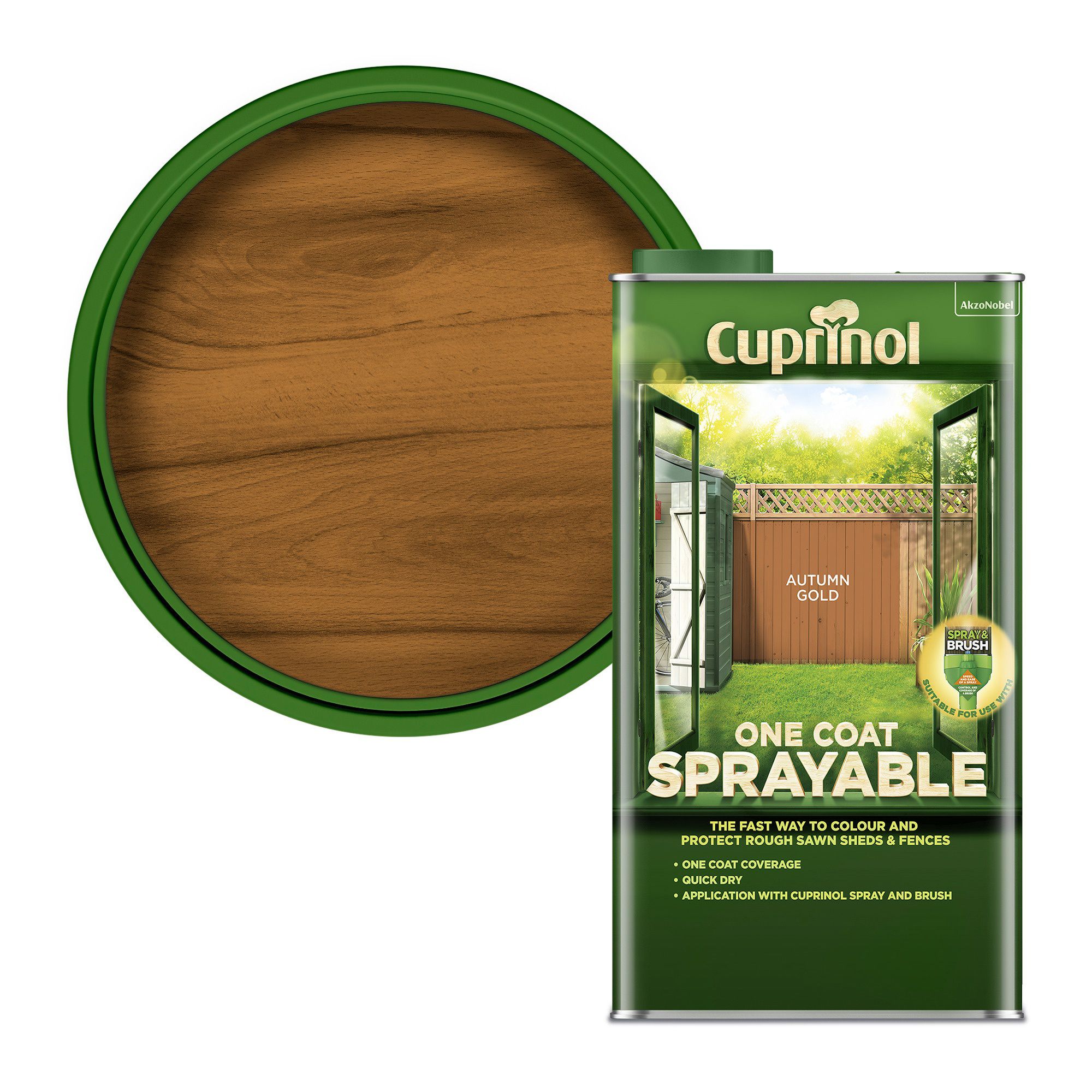 Cuprinol One coat sprayable Autumn gold Matt Exterior Fence & shed Treatment Wood paint, 5L