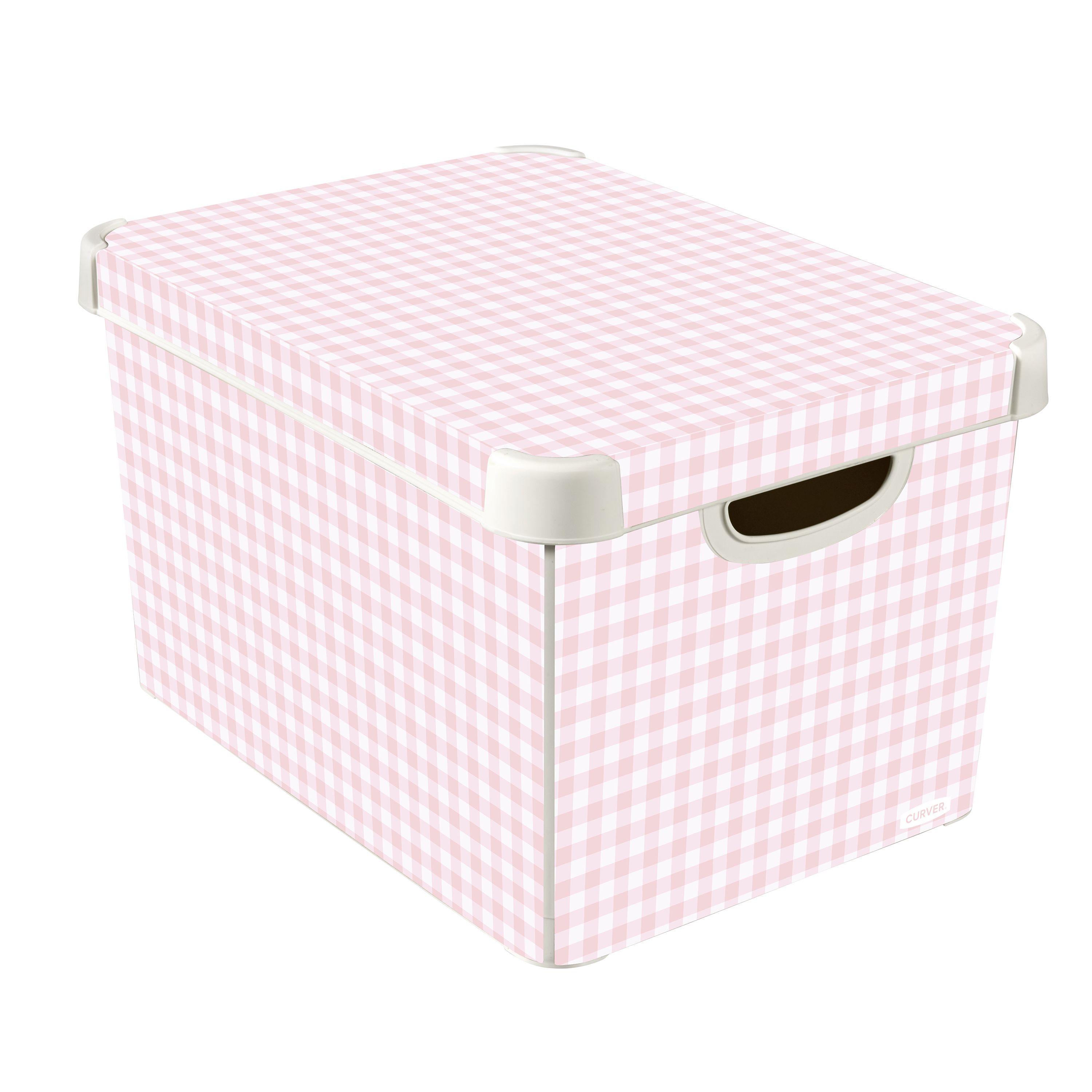 Curver Deco Box Pink & White Gingham Large Plastic Stackable Storage box & Lid
