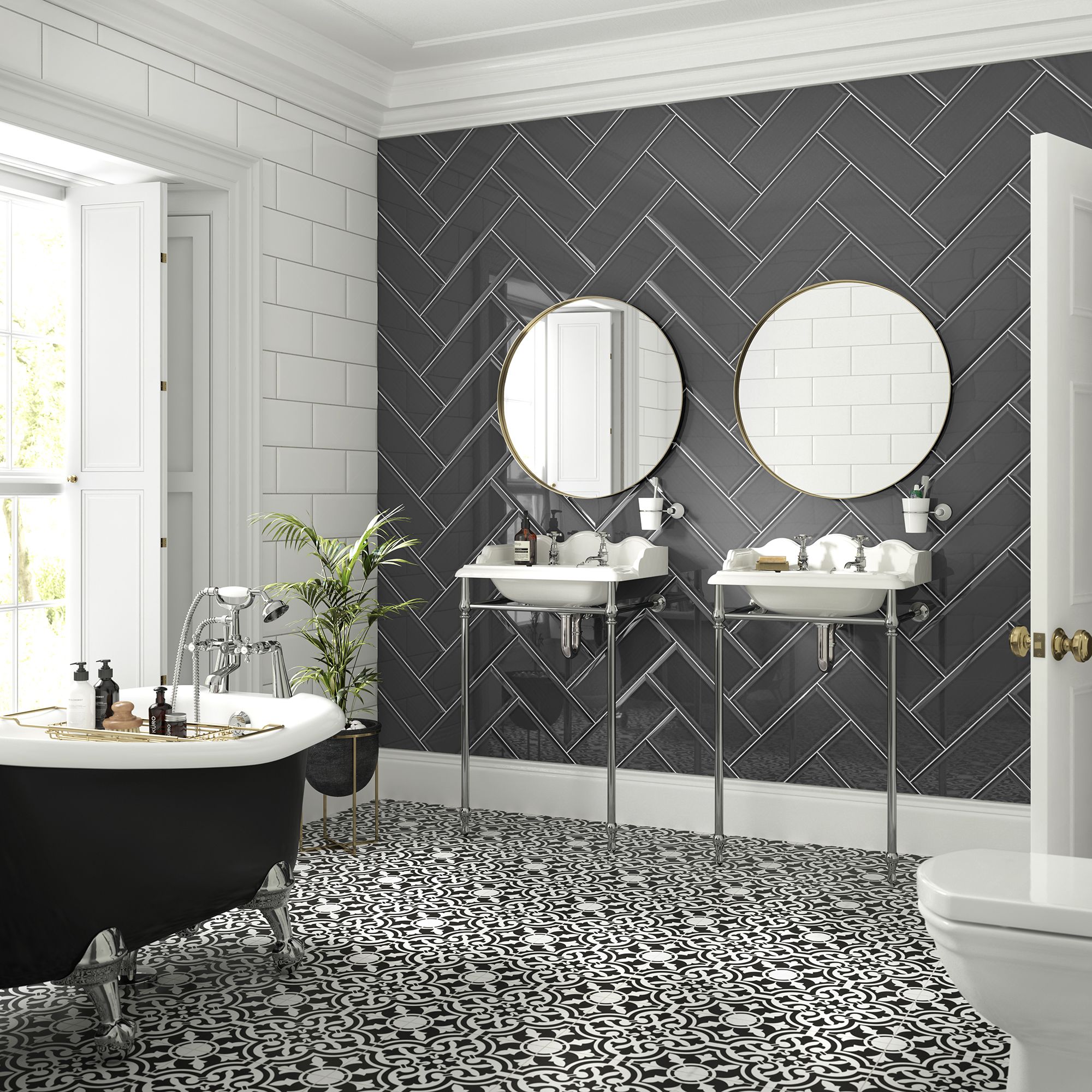 Dark Grey Gloss Ceramic Wall Tile, Pack of 17, (L)400mm (W)150mm