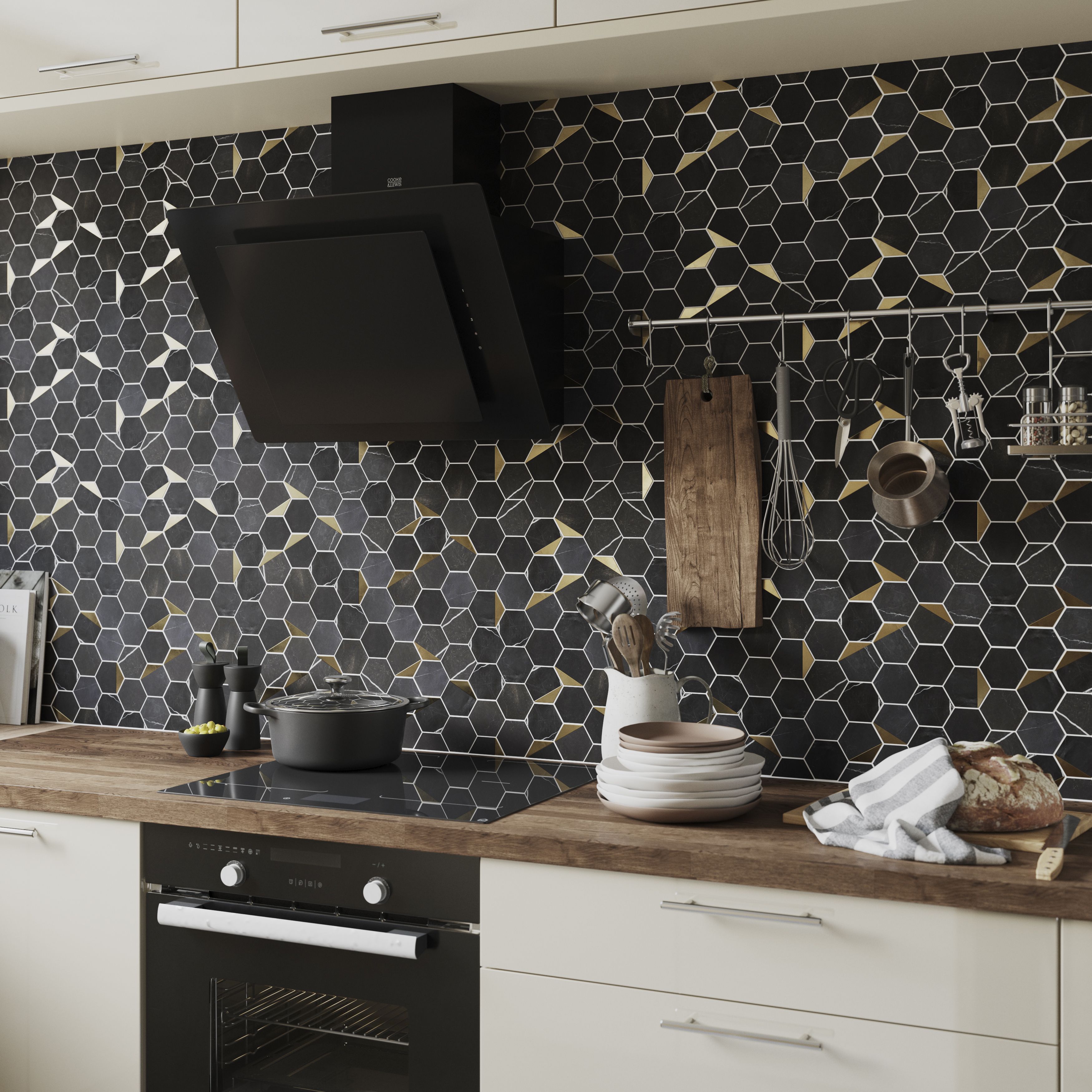 Delicato Black Natural stone & stainless steel Mosaic tile sheet, (L)306mm (W)332mm