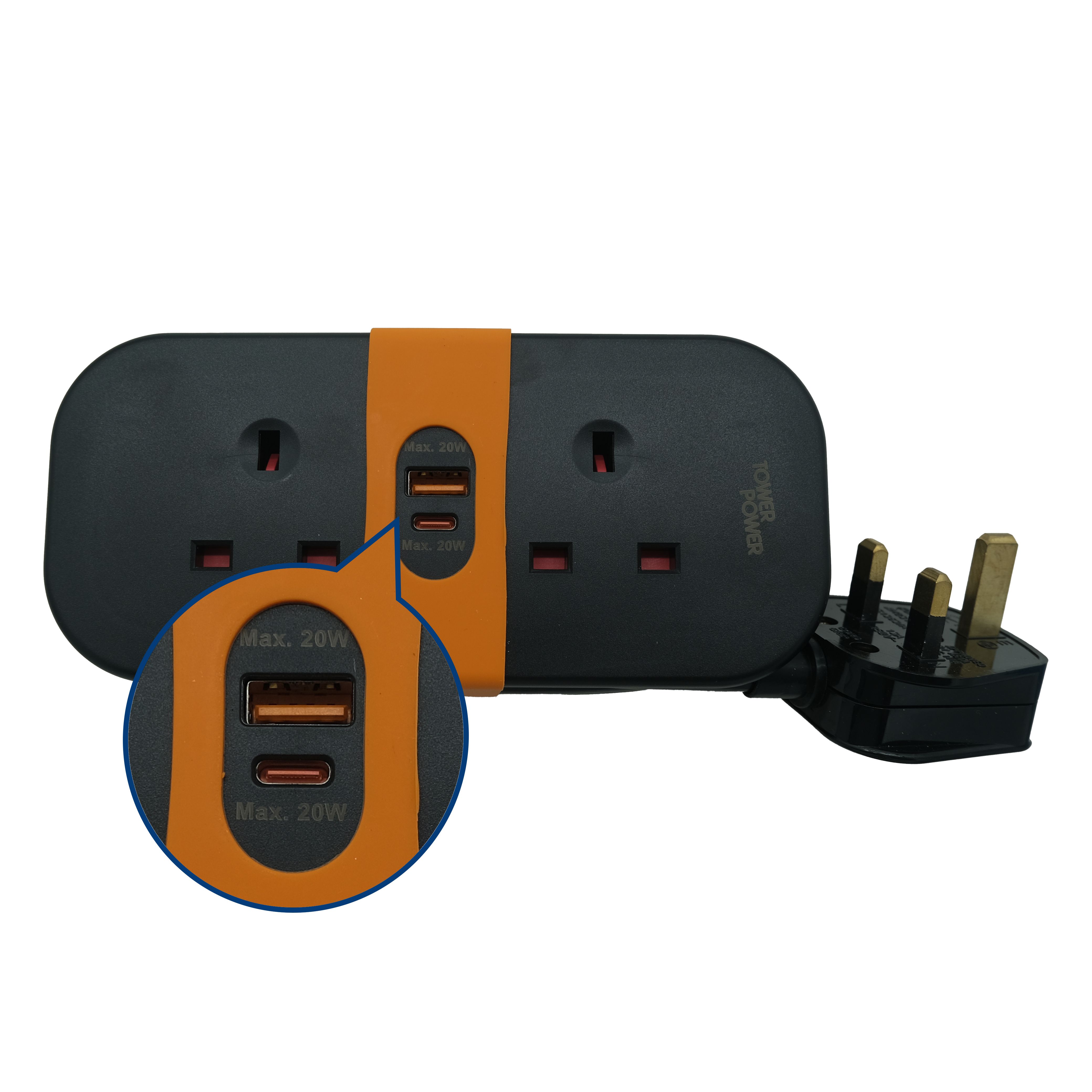 Deta Black 13A 2 socket Travel extension lead with USB, 1.4m