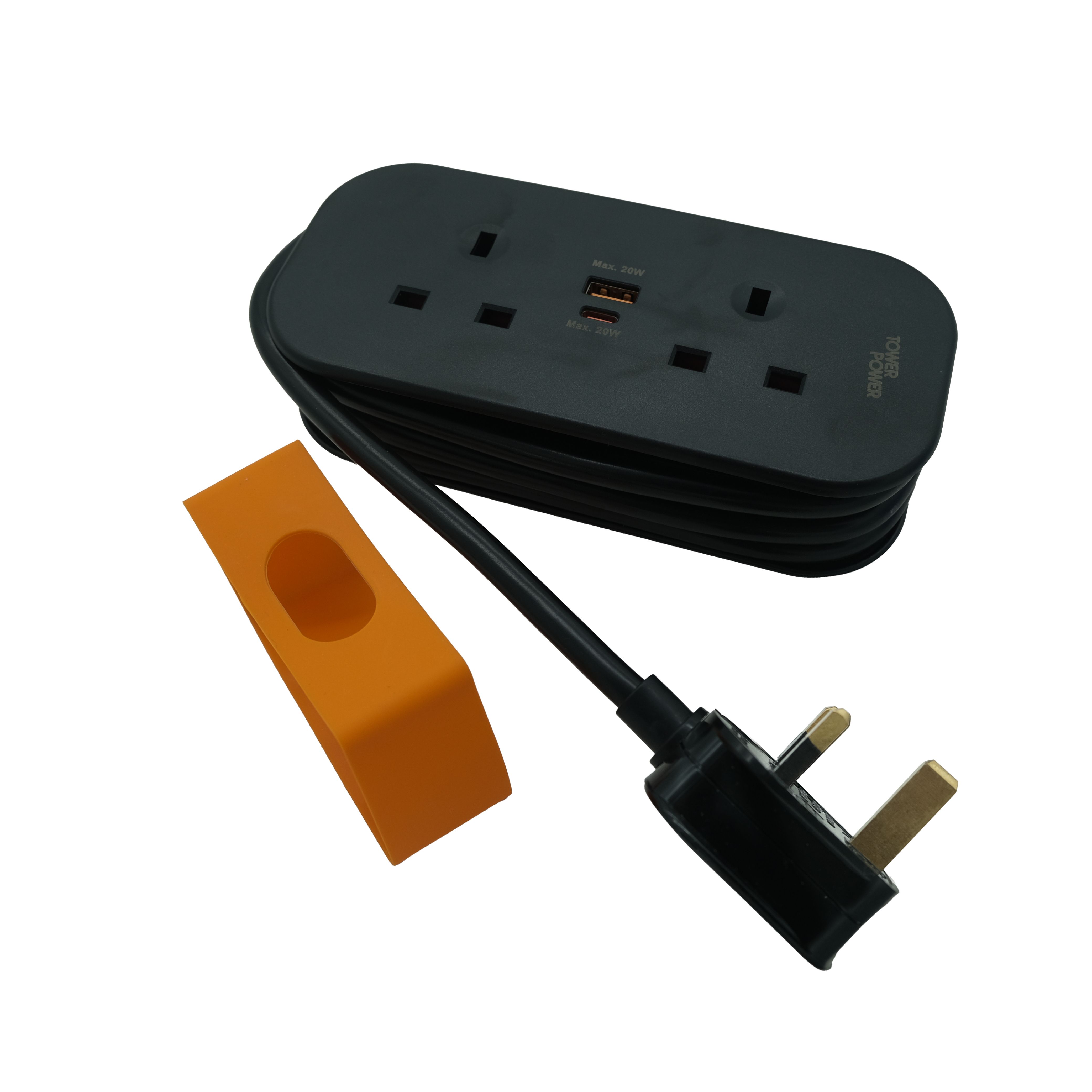 Deta Black 13A 2 socket Travel extension lead with USB, 1.4m