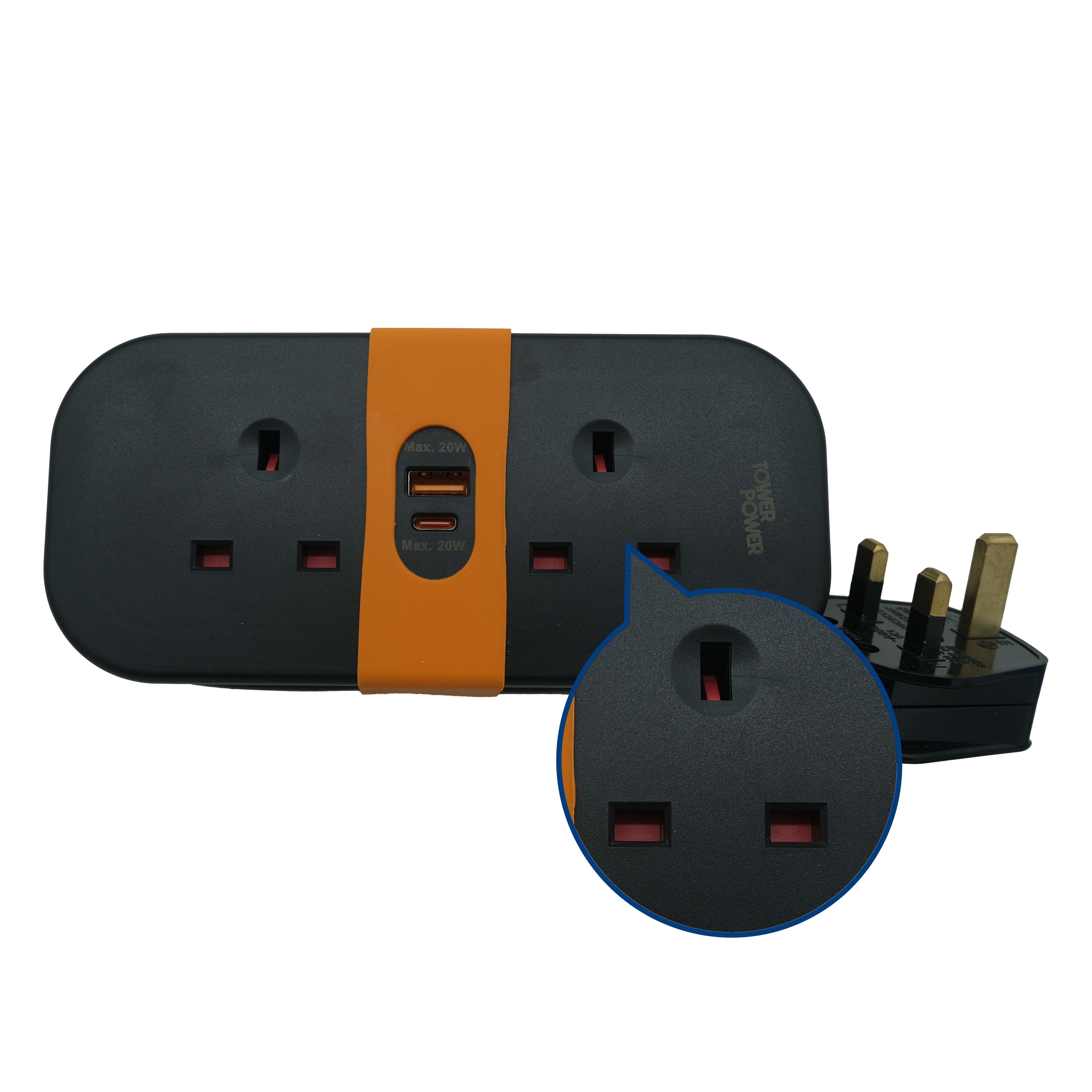Deta Black 13A 2 socket Travel extension lead with USB, 1.4m