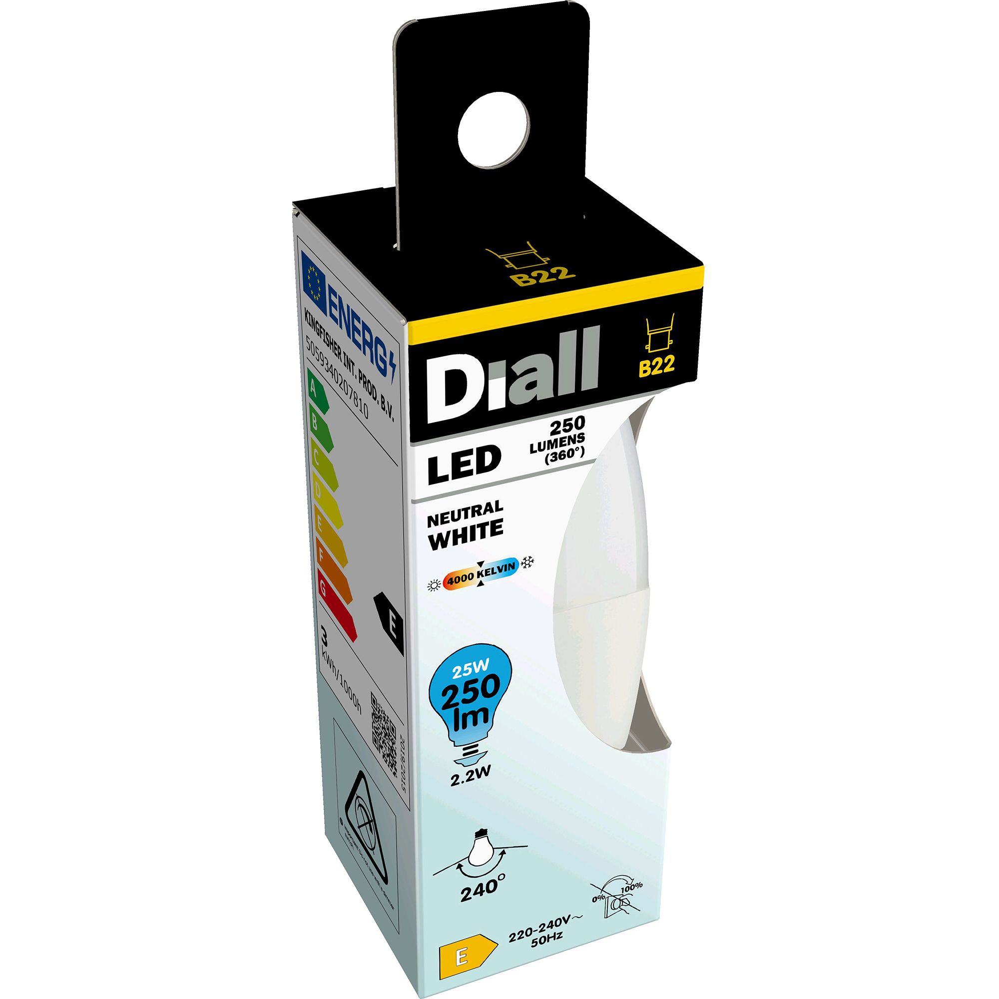 Diall B22 2.2W 250lm Frosted Candle Neutral white LED Light bulb