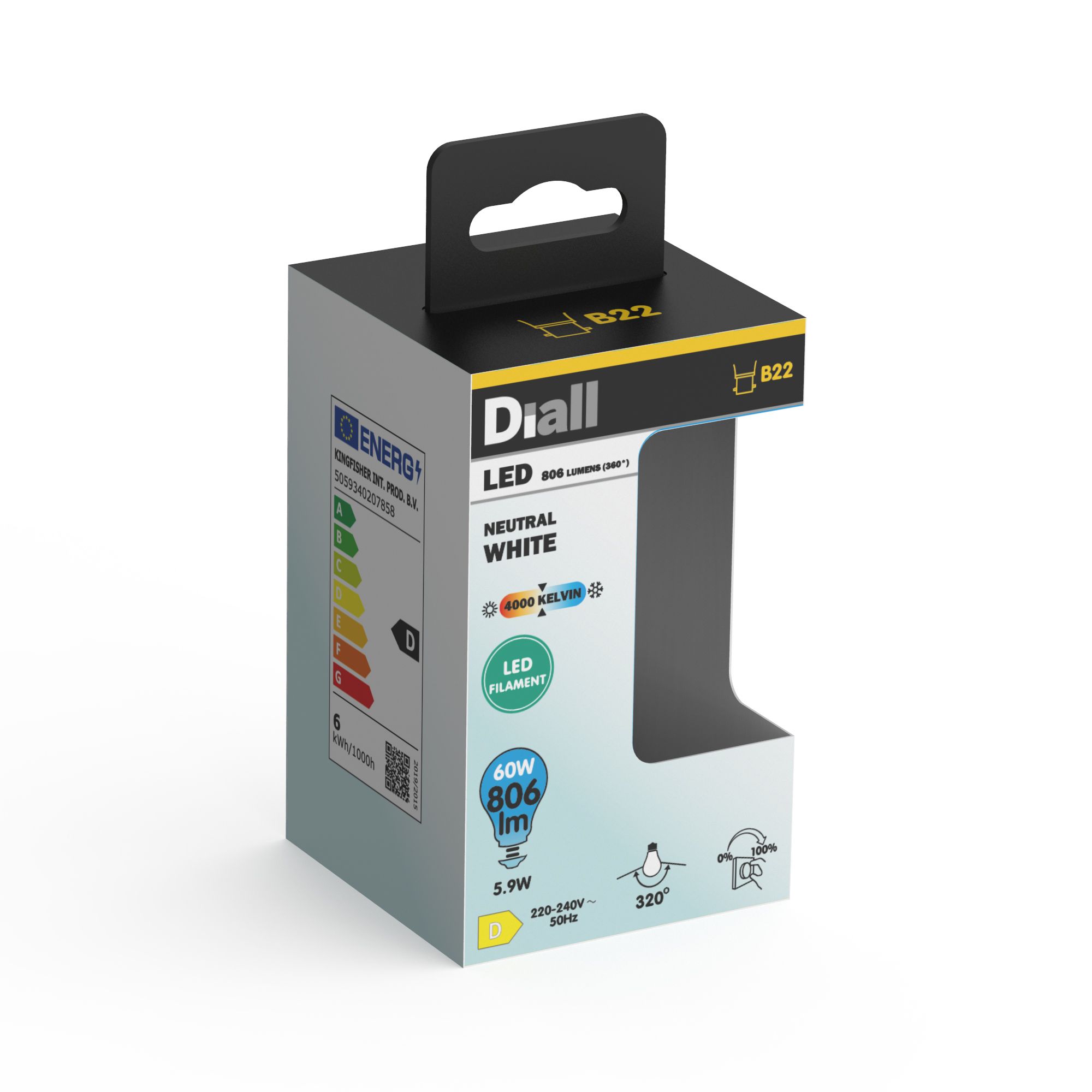 Diall B22 5.9W 806lm Clear GLS Neutral white LED Dimmable Filament Light bulb