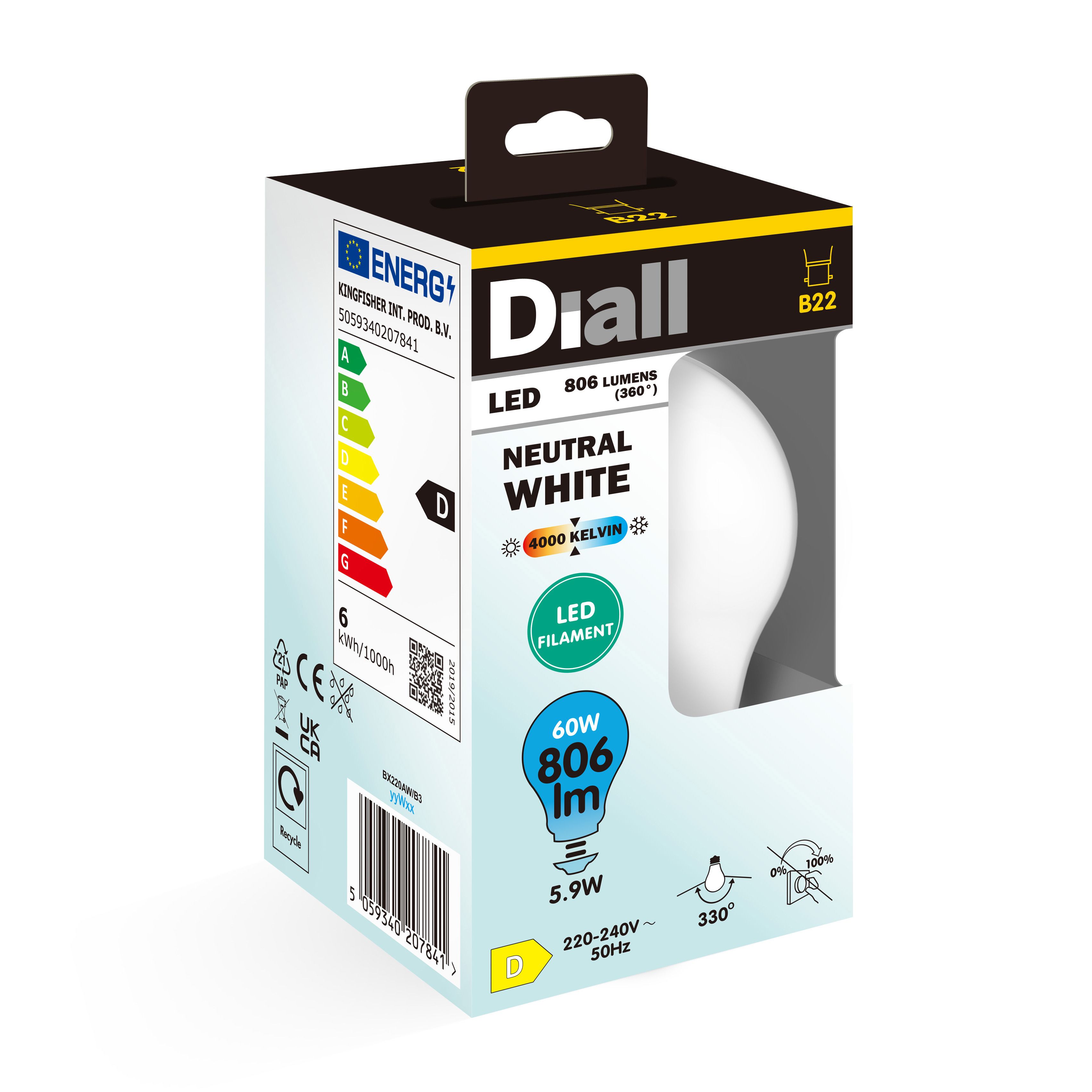 Diall B22 5.9W 806lm Milky GLS Neutral white LED Filament Light bulb