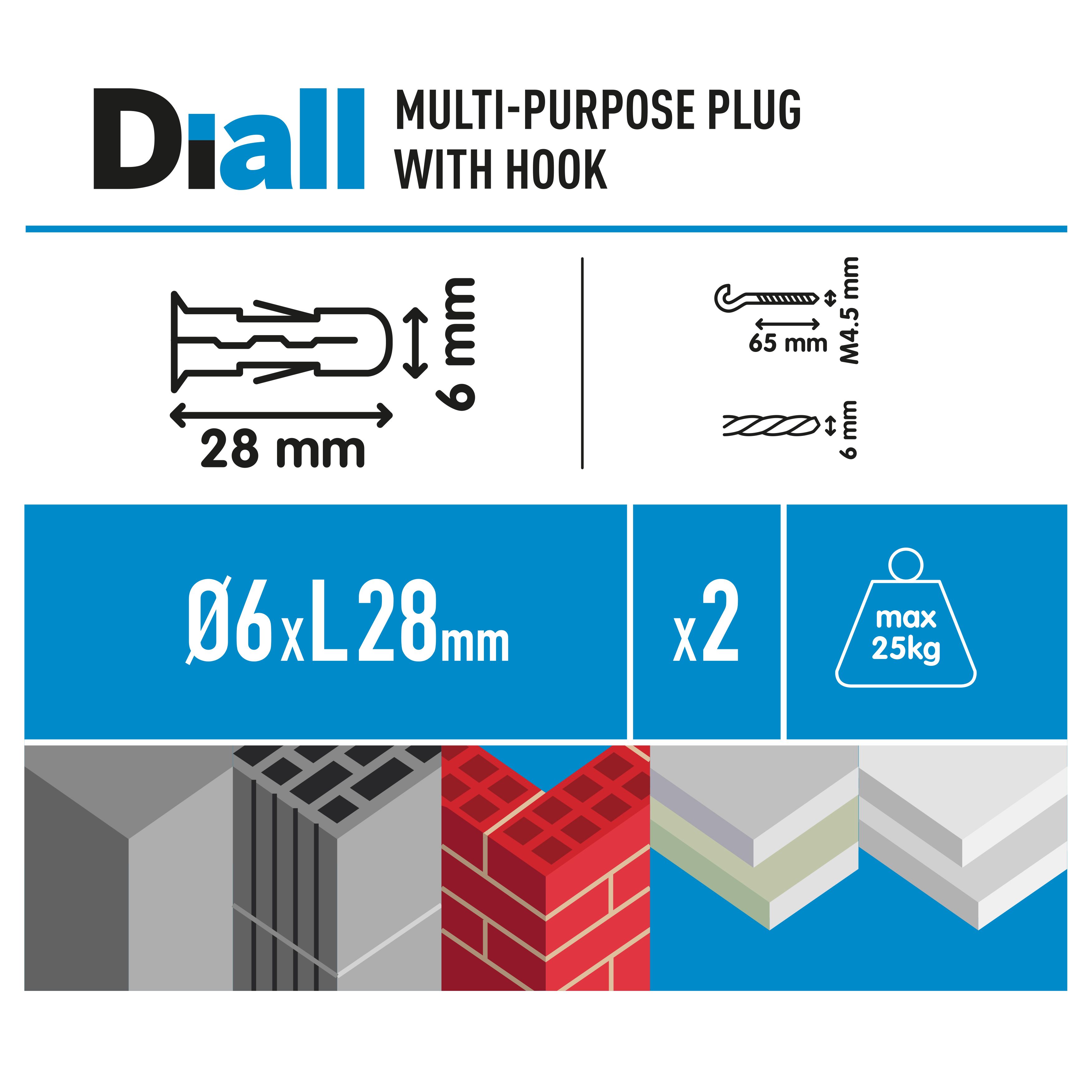 Diall C hook with wall plug (Dia)6mm (L)28mm, Pack of 2