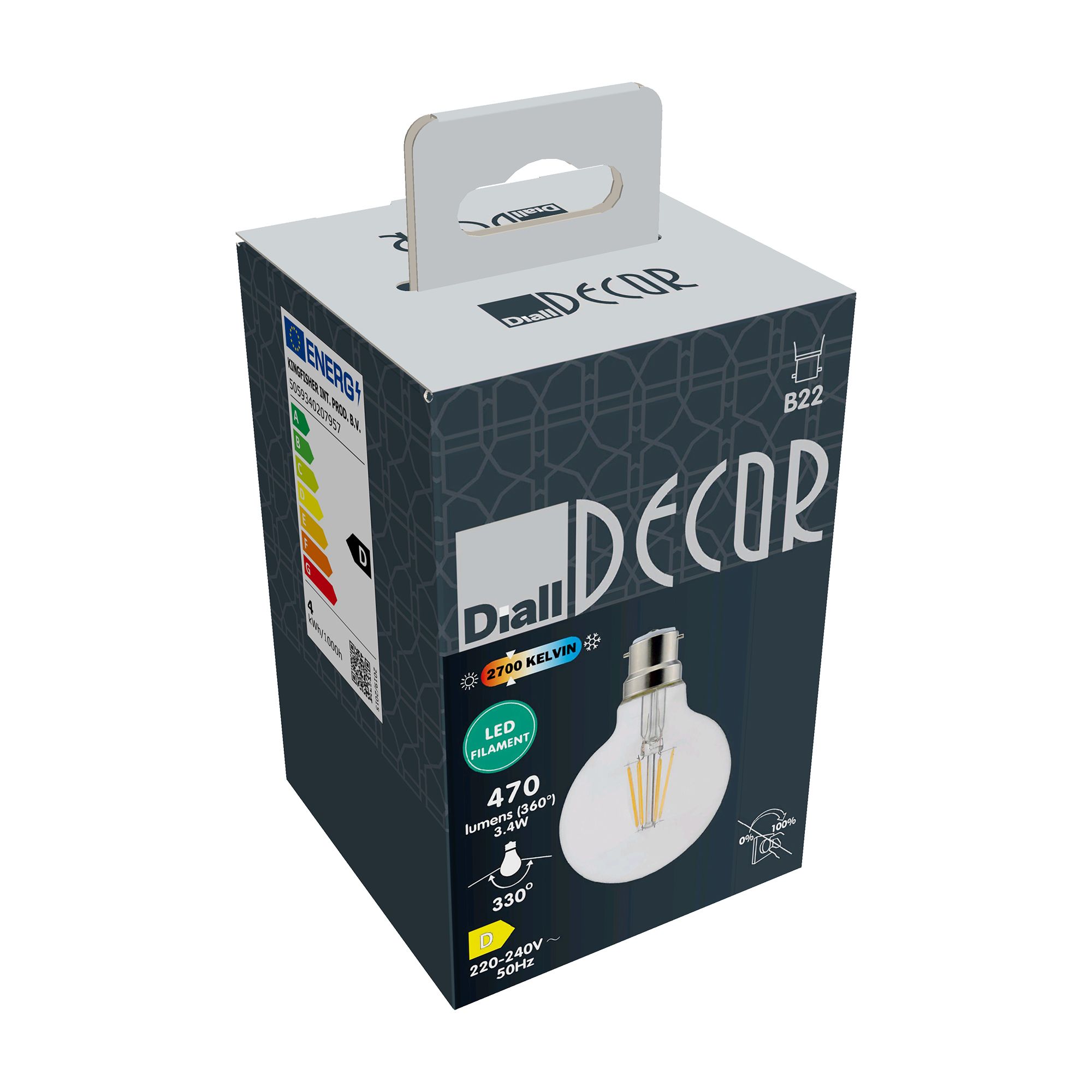 Diall G80 B22 3.4W 470lm Clear Globe Warm white LED Filament Light bulb