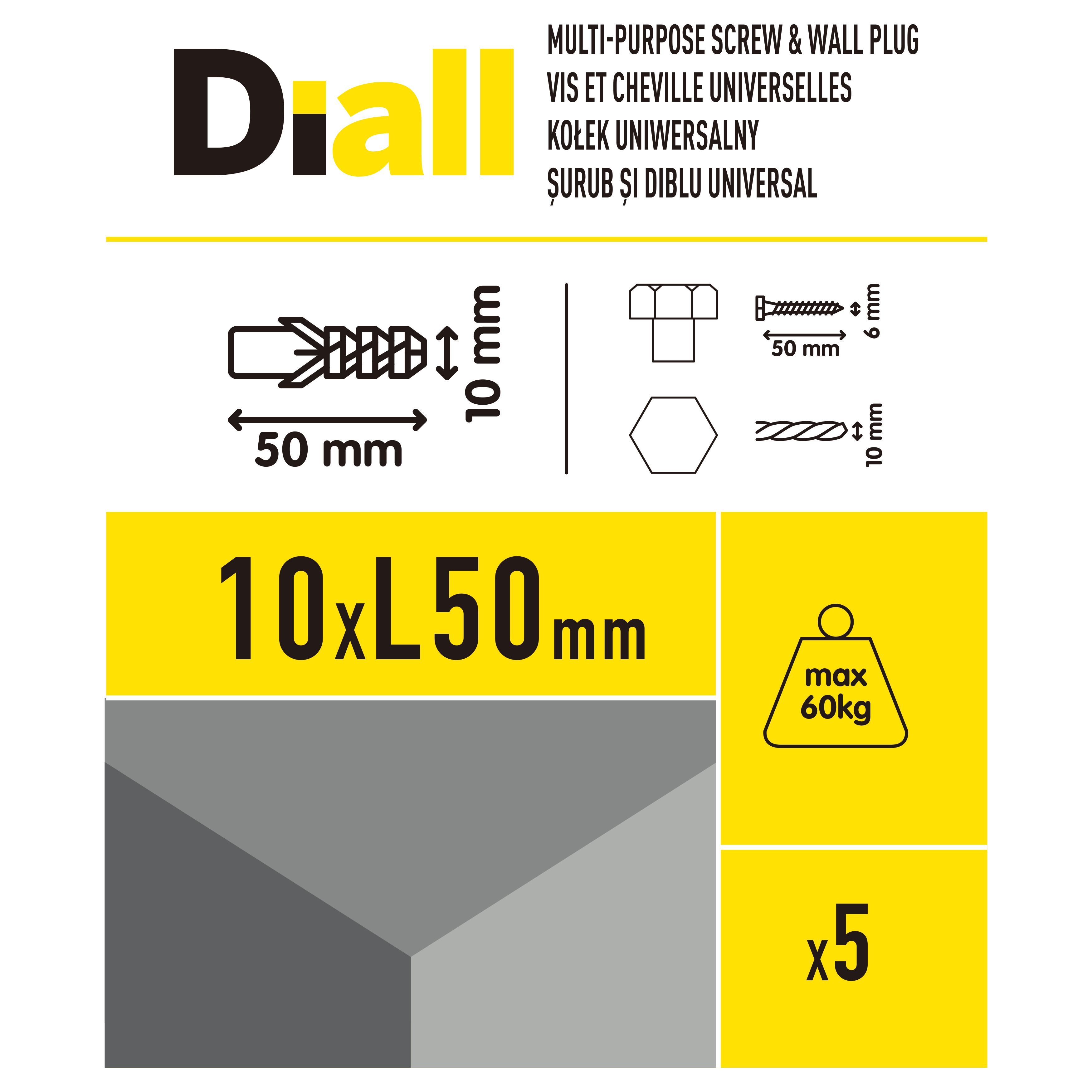 Diall Grey Multi-purpose screw & wall plug (Dia)10mm (L)50mm, Pack of 5