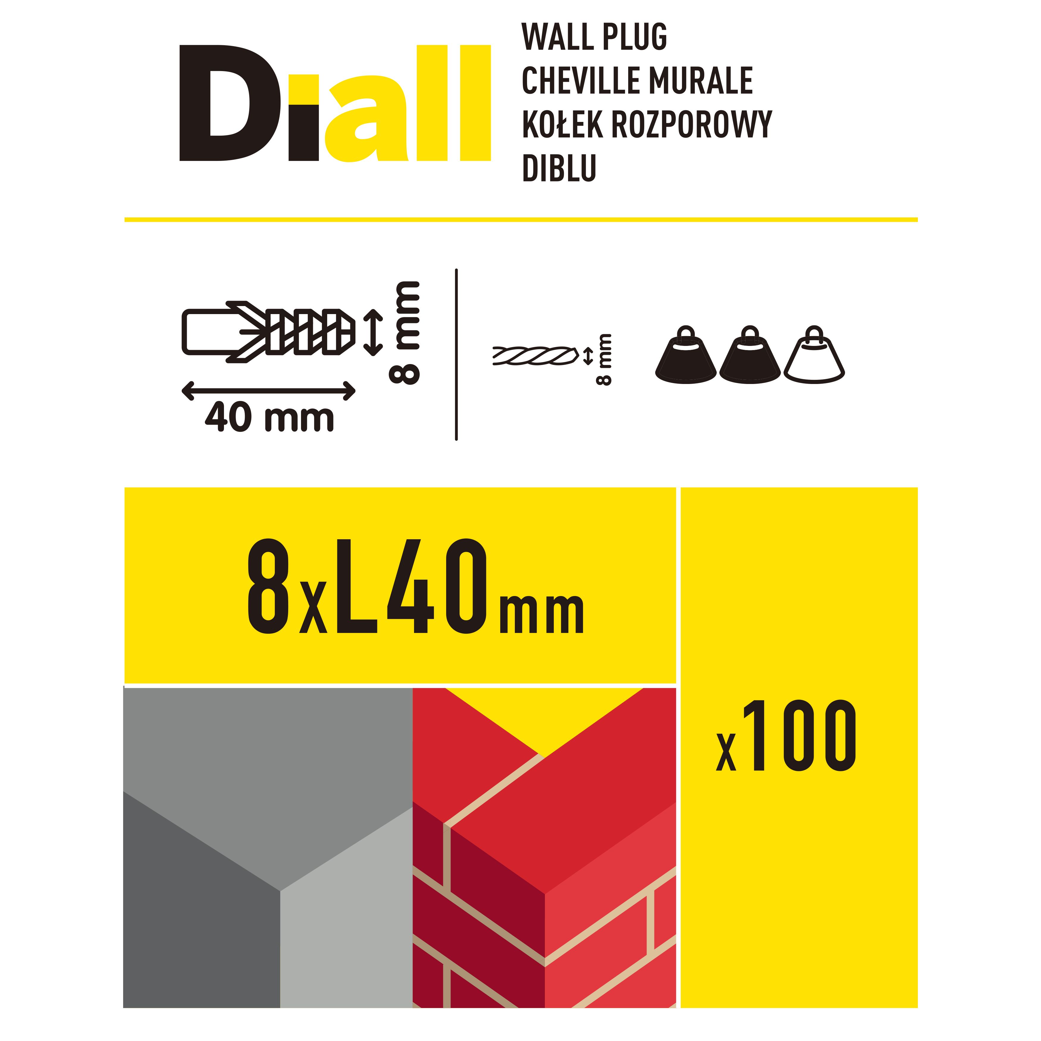 Diall Grey Nylon Wall plug (Dia)8mm (L)40mm, Pack of 100