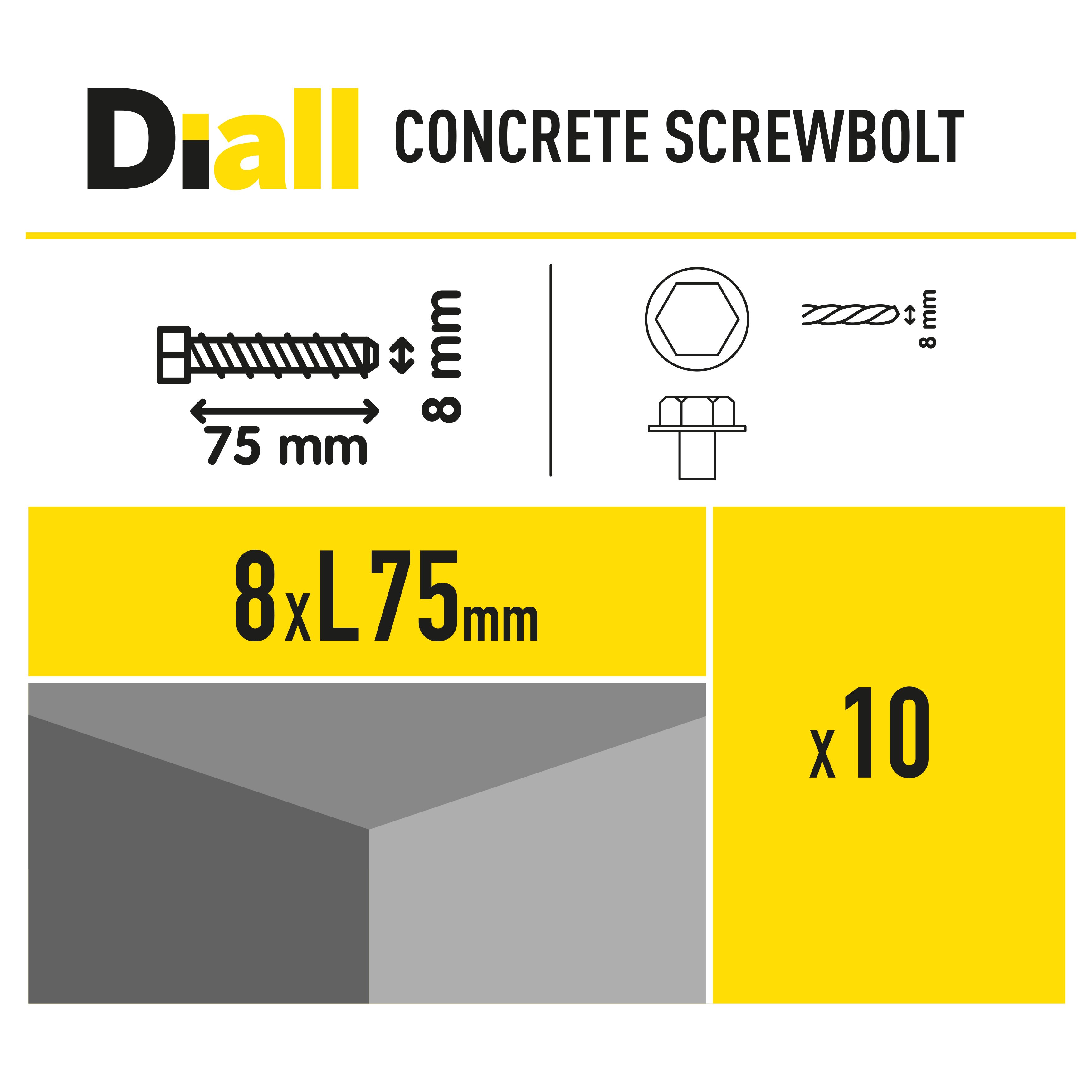 Diall Hex Steel Concrete screw (Dia)8mm (L)75mm, Pack of 10