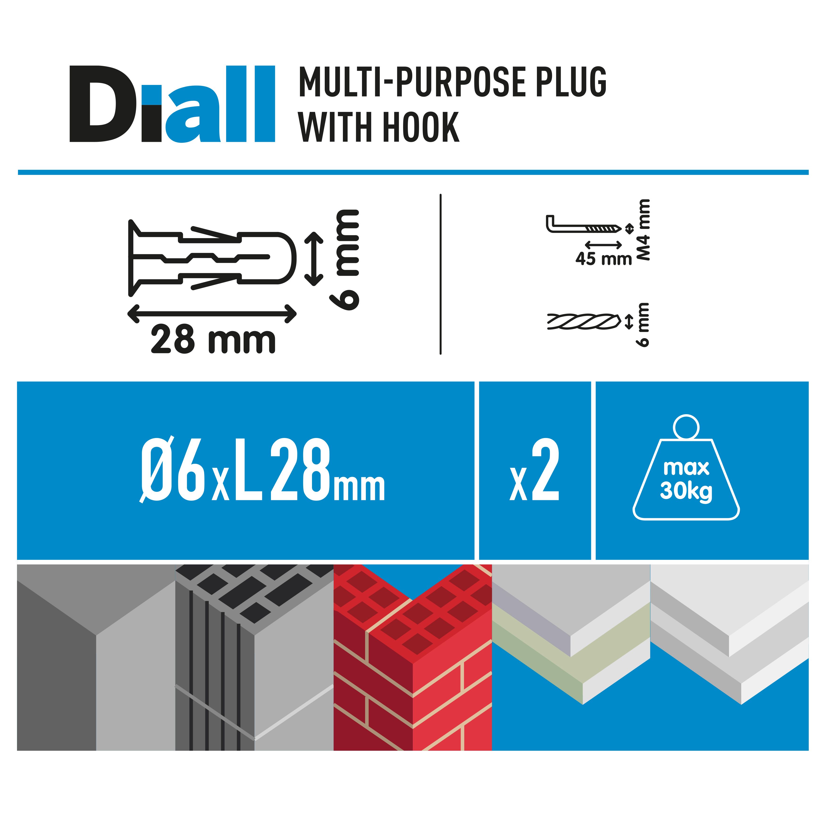 Diall L hook with wall plug (Dia)6mm (L)28mm, Pack of 2