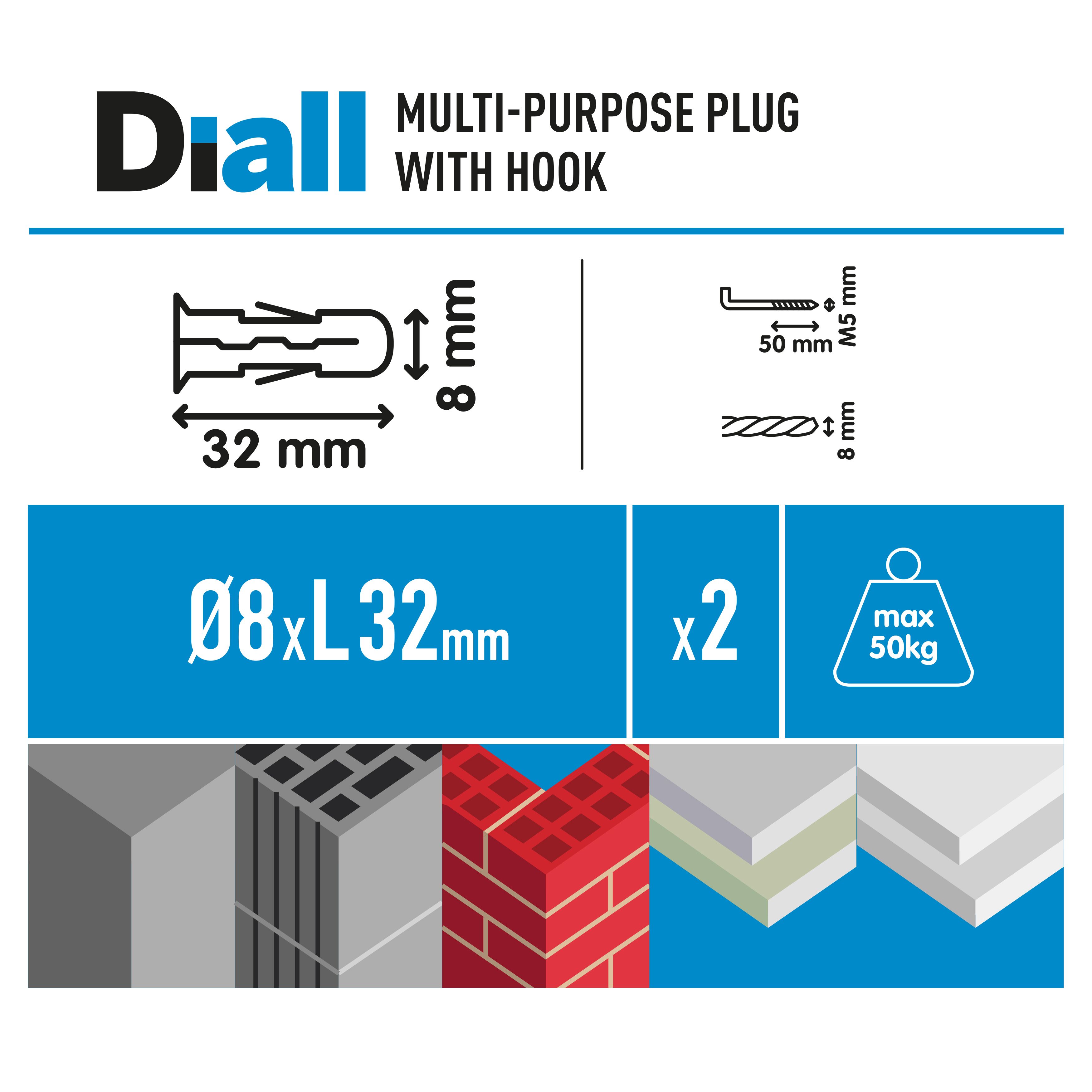 Diall L hook with wall plug (Dia)8mm (L)32mm, Pack of 2