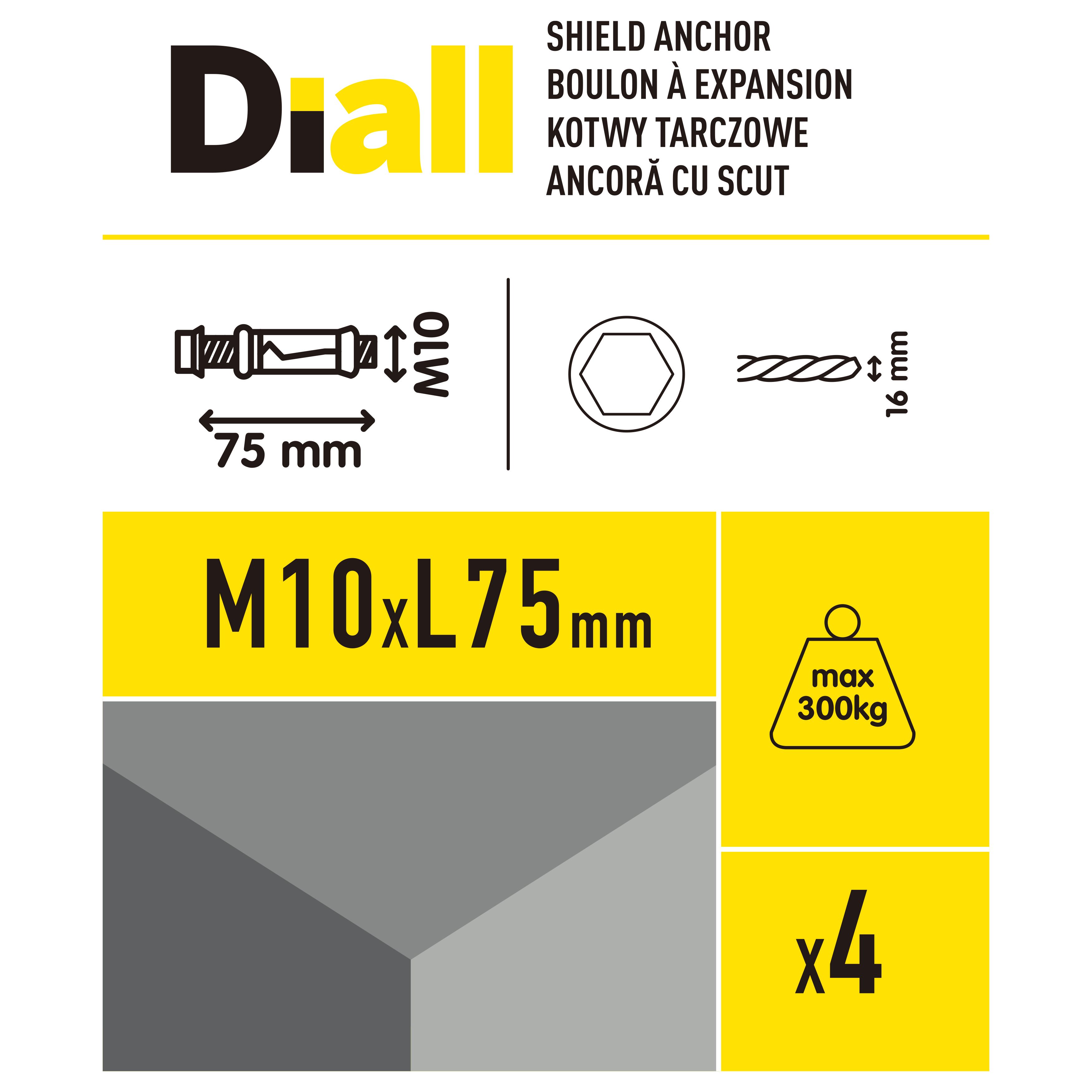Diall M10 Hex Bolt Steel Shield anchor (L)75mm, Pack of 4