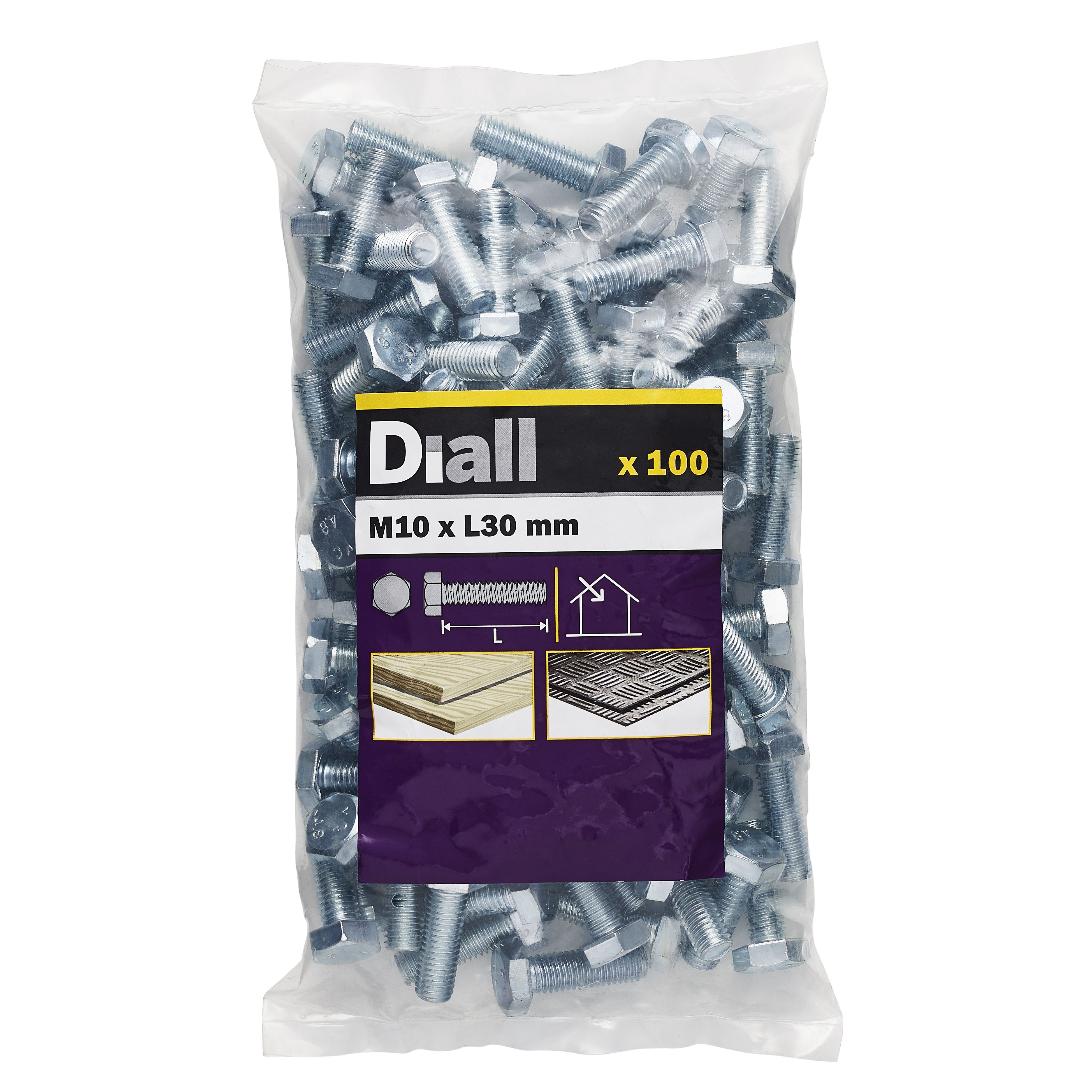 Diall M10 Hex Carbon steel (grade 5.8) Bolt & nut (L)30mm, Pack of 100