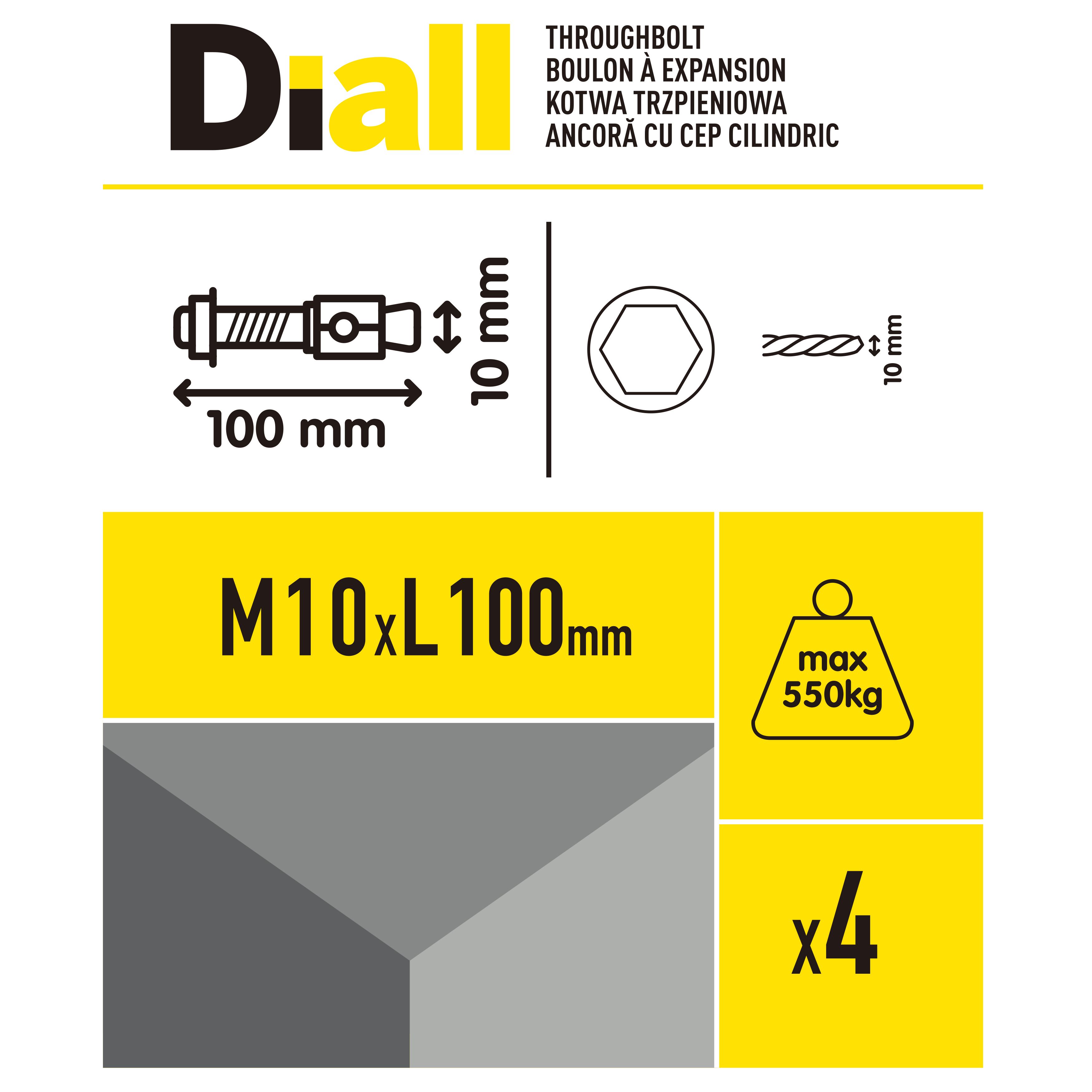Diall M10 Steel Through bolt, nut & washer (L)100mm, Pack of 4