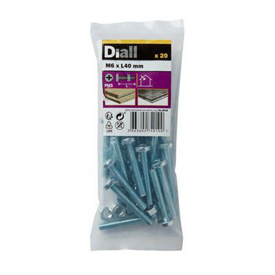 Diall M6 Cruciform Philips Pan head Zinc-plated Carbon steel Machine screw & nut (Dia)6mm (L)40mm, Pack of 20