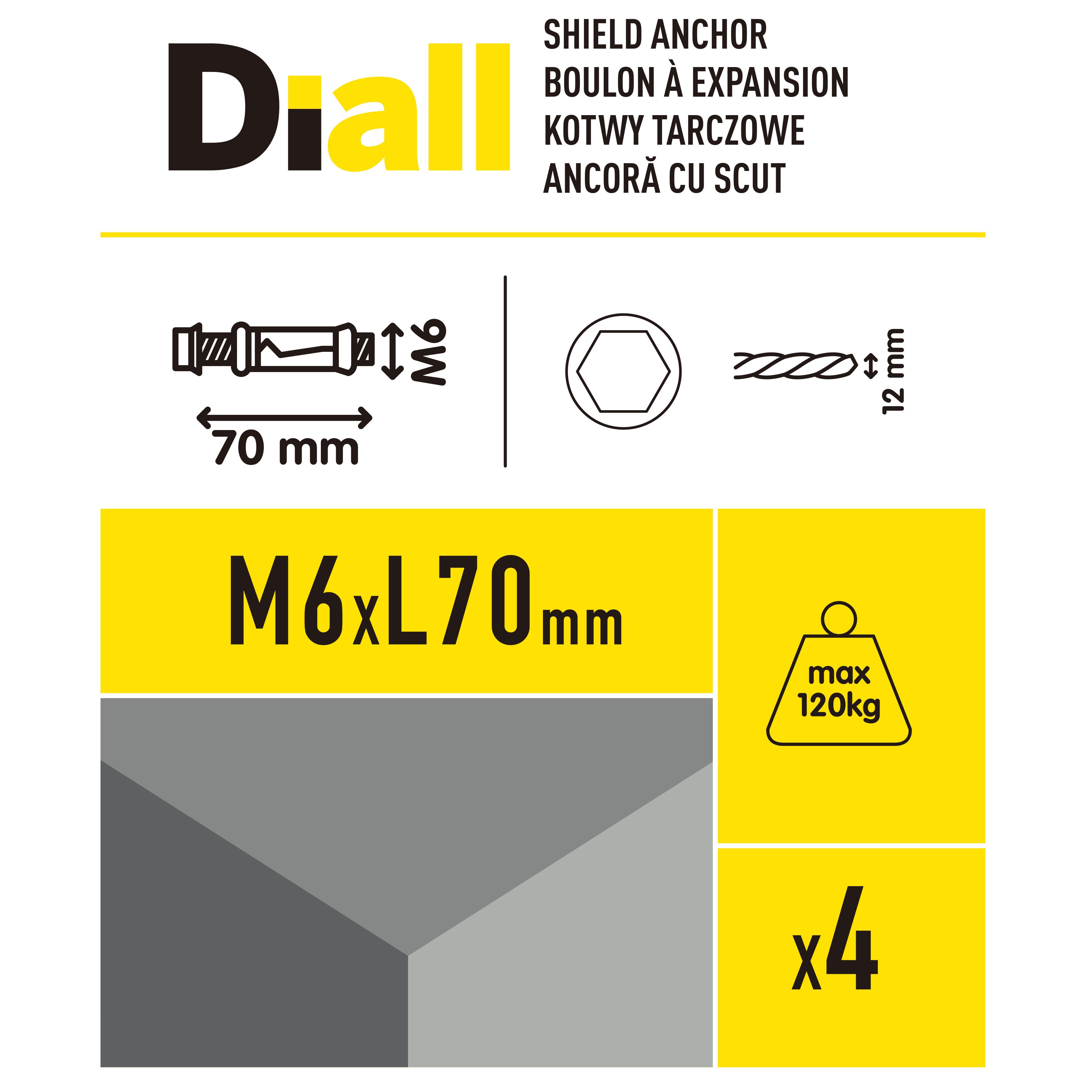 Diall M6 Hex Bolt Steel Shield anchor (L)70mm, Pack of 4