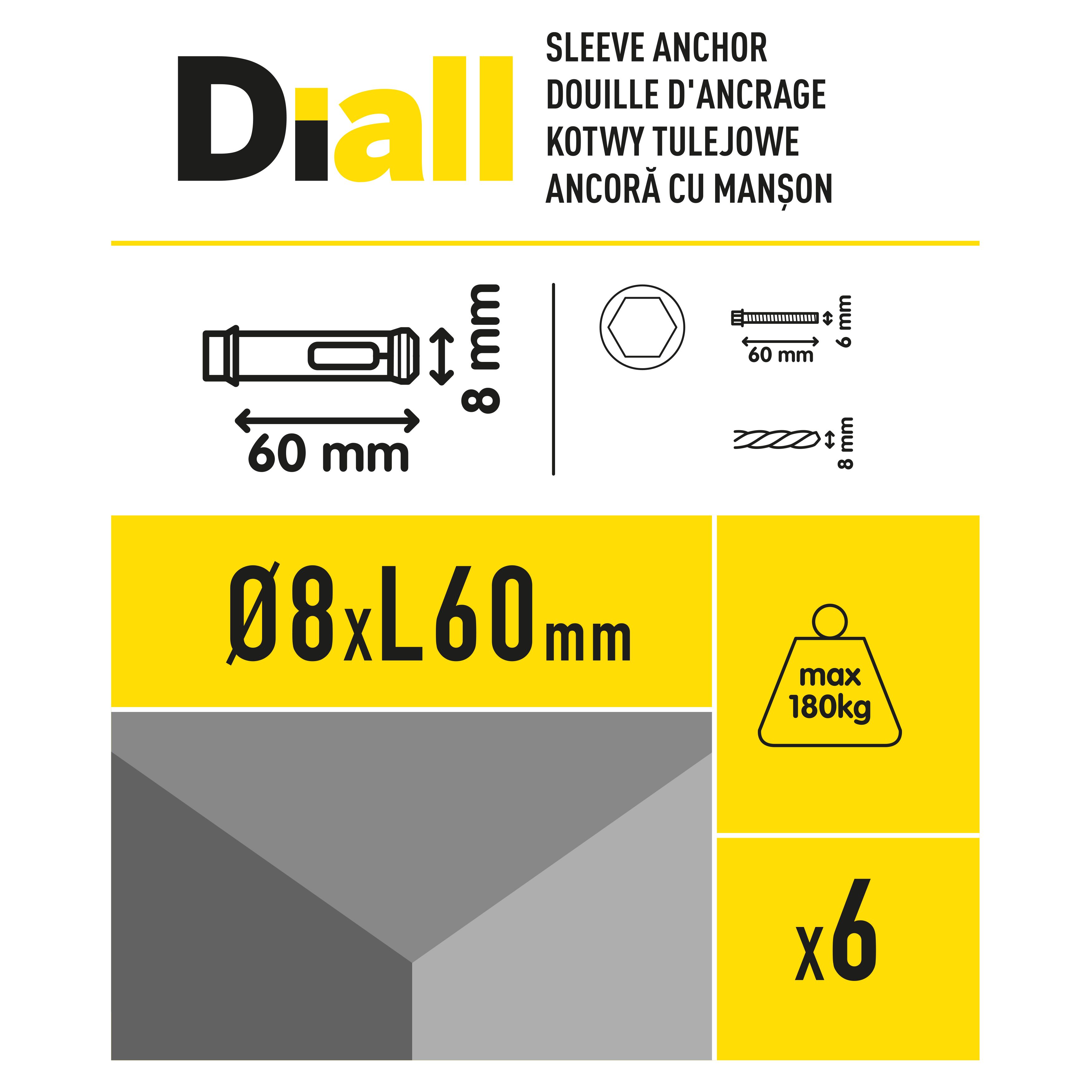 Diall M6 Hex Carbon steel Zinc-plated Sleeve anchor (L)60mm, Pack of 6