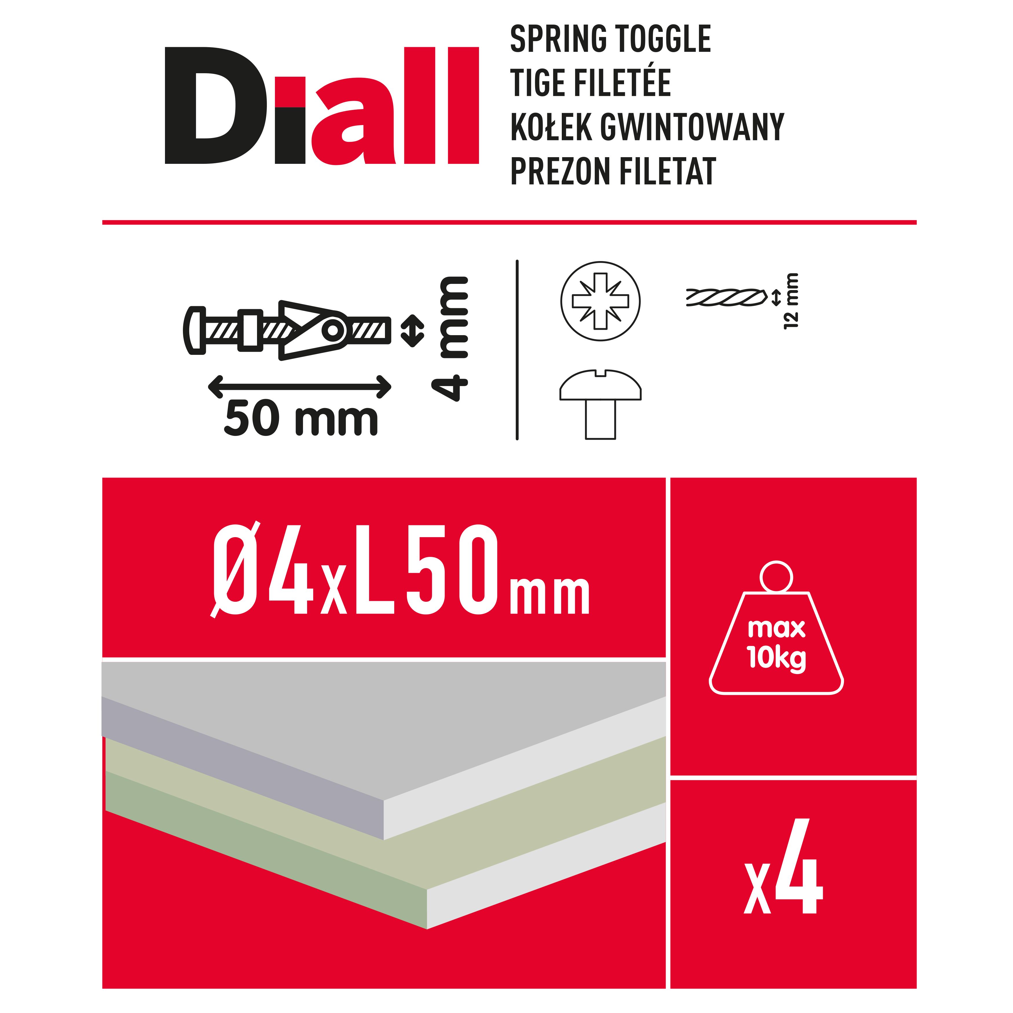 Diall Pan head Spring toggle (Dia)4mm (L)50mm, Pack of 4