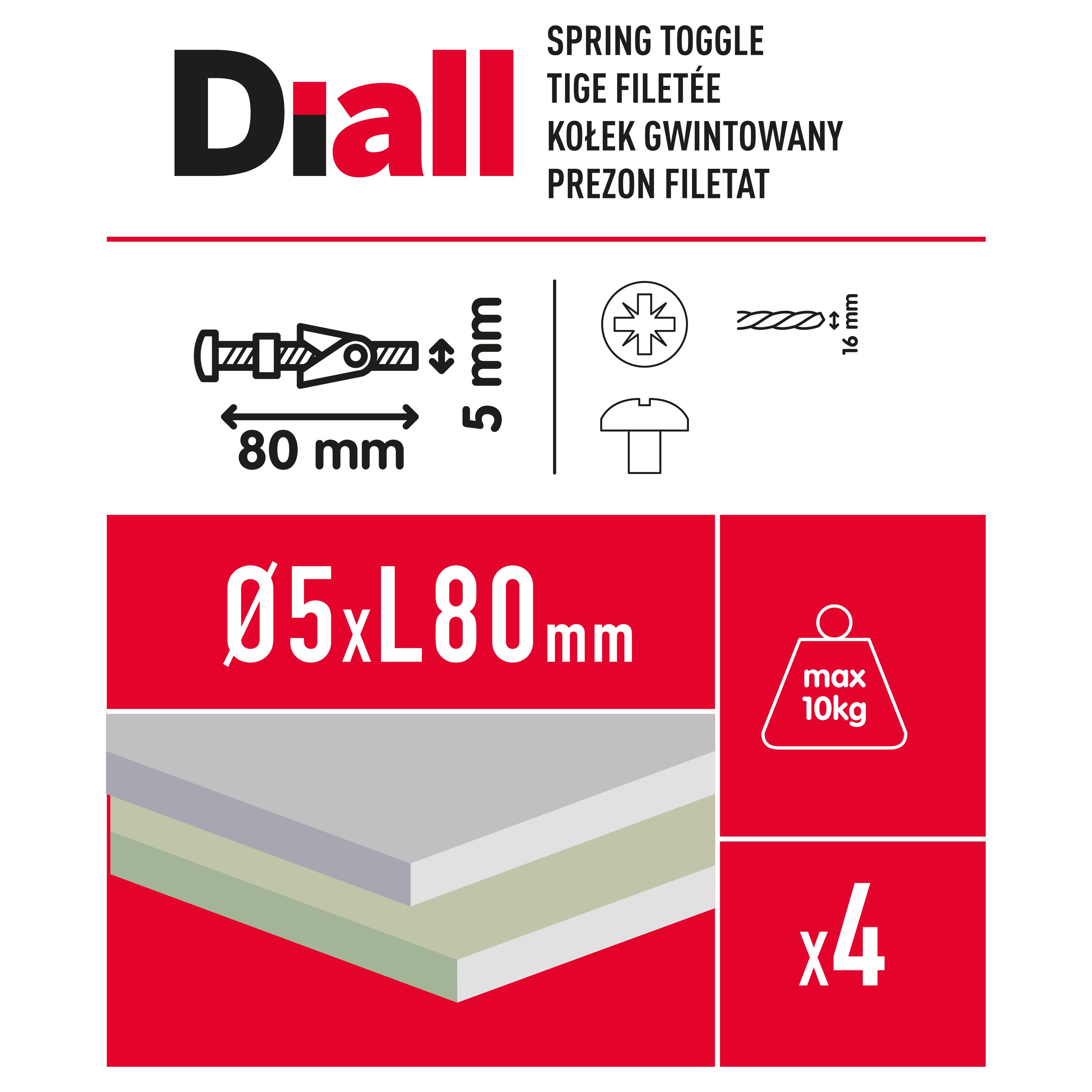 Diall Pan head Spring toggle (Dia)5mm (L)80mm, Pack of 4