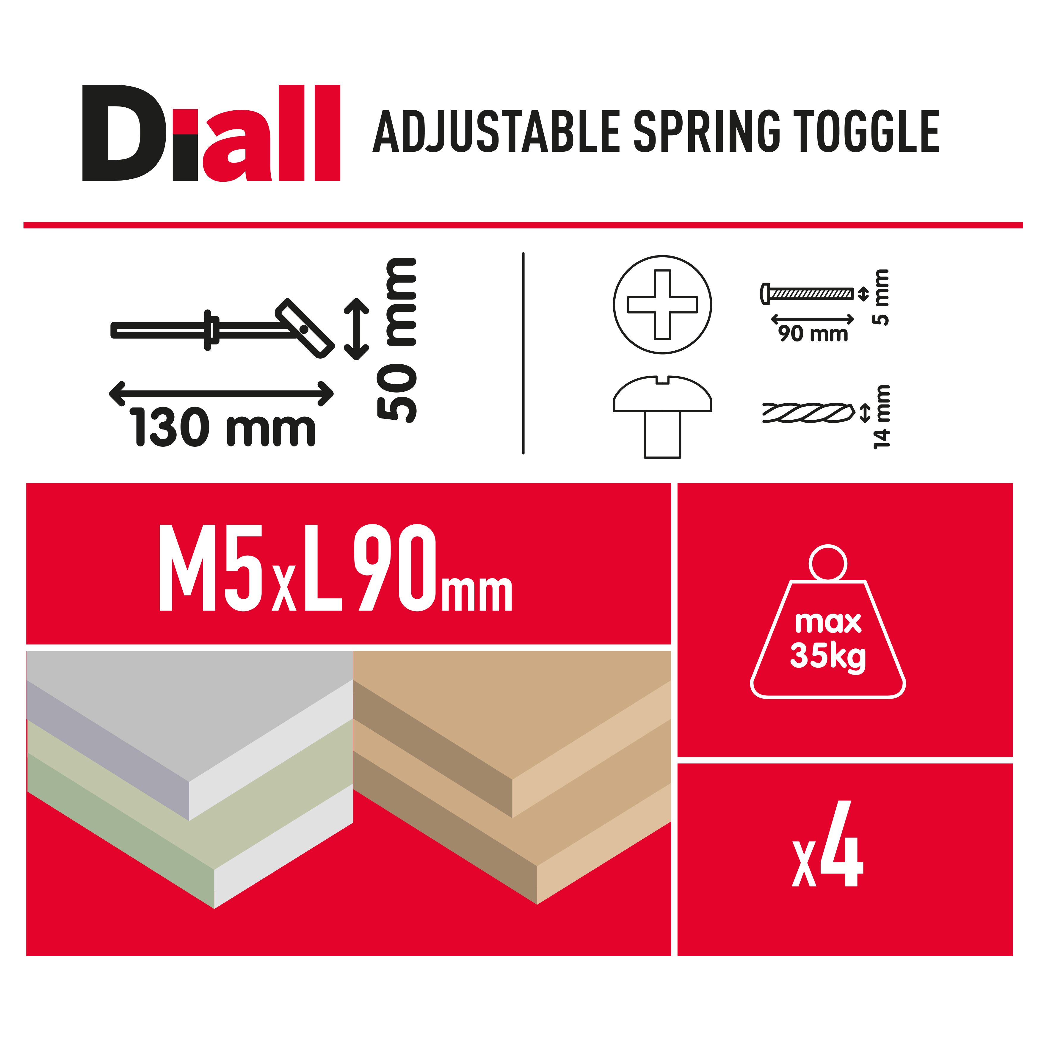 Diall Pan head Spring toggle (Dia)5mm (L)90mm, Pack of 4