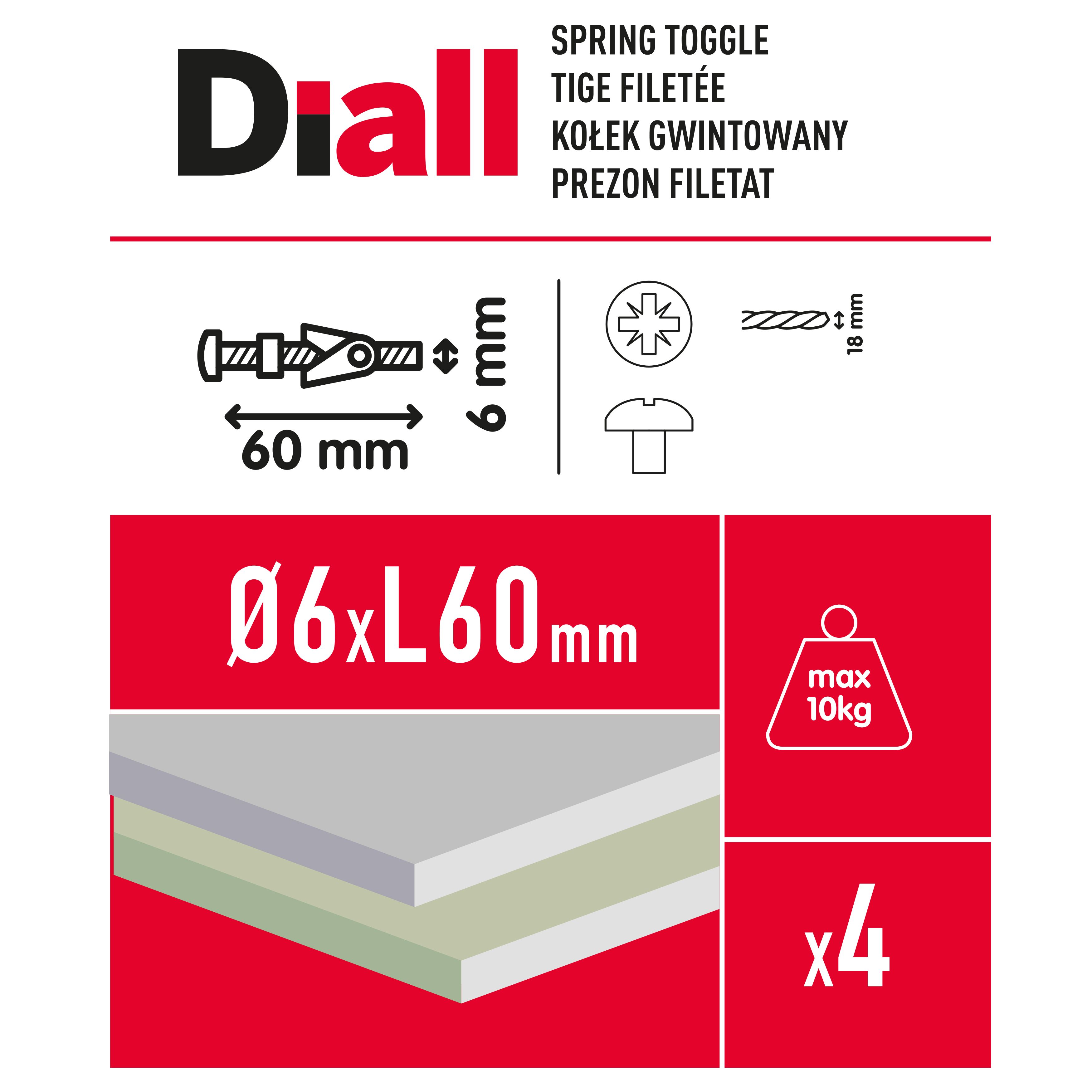 Diall Pan head Spring toggle (Dia)6mm (L)60mm, Pack of 4