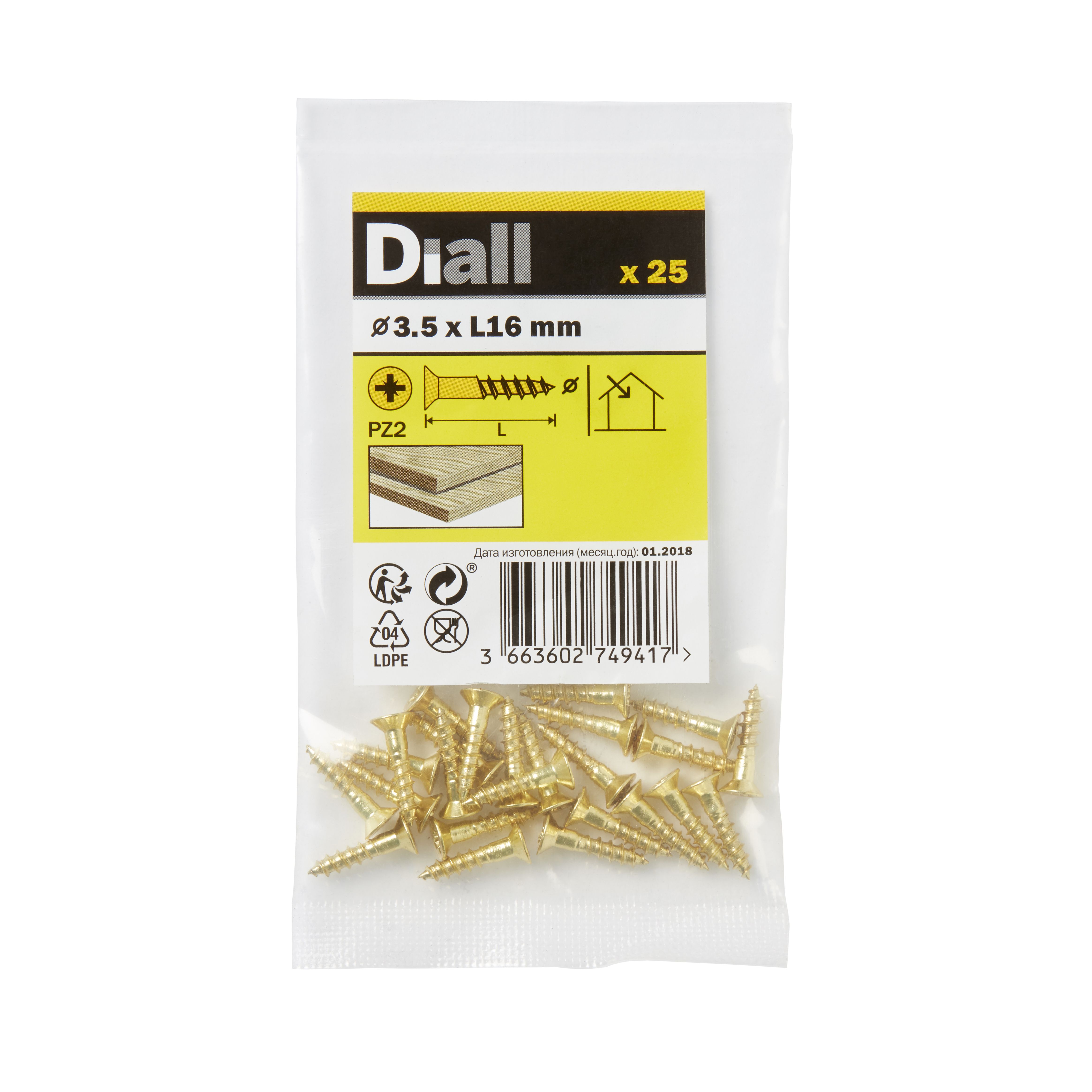 Diall Pozidriv Brass Screw (Dia)3.5mm (L)16mm, Pack of 25