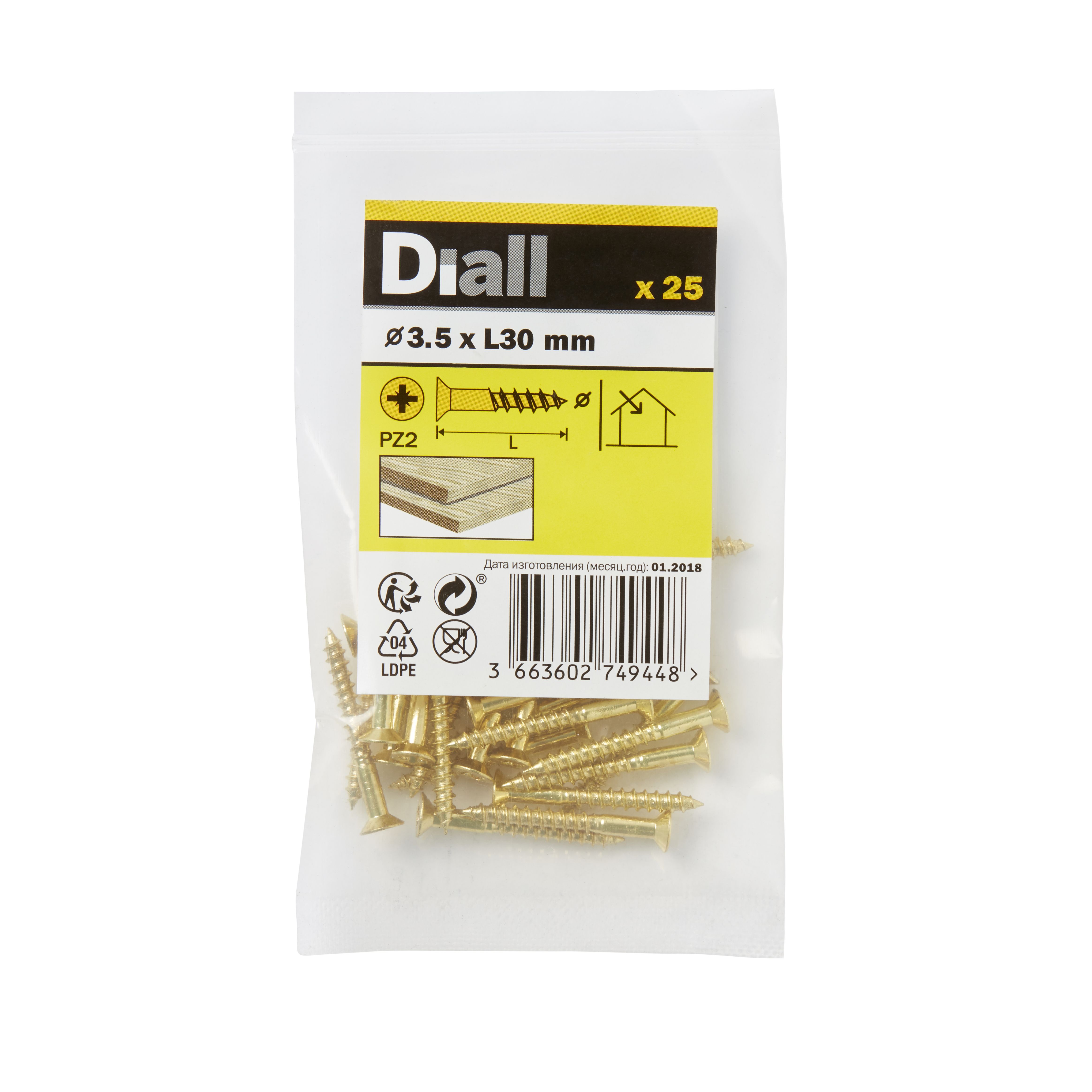 Diall Pozidriv Countersunk Brass Wood screw (Dia)3.5mm (L)30mm, Pack of 25