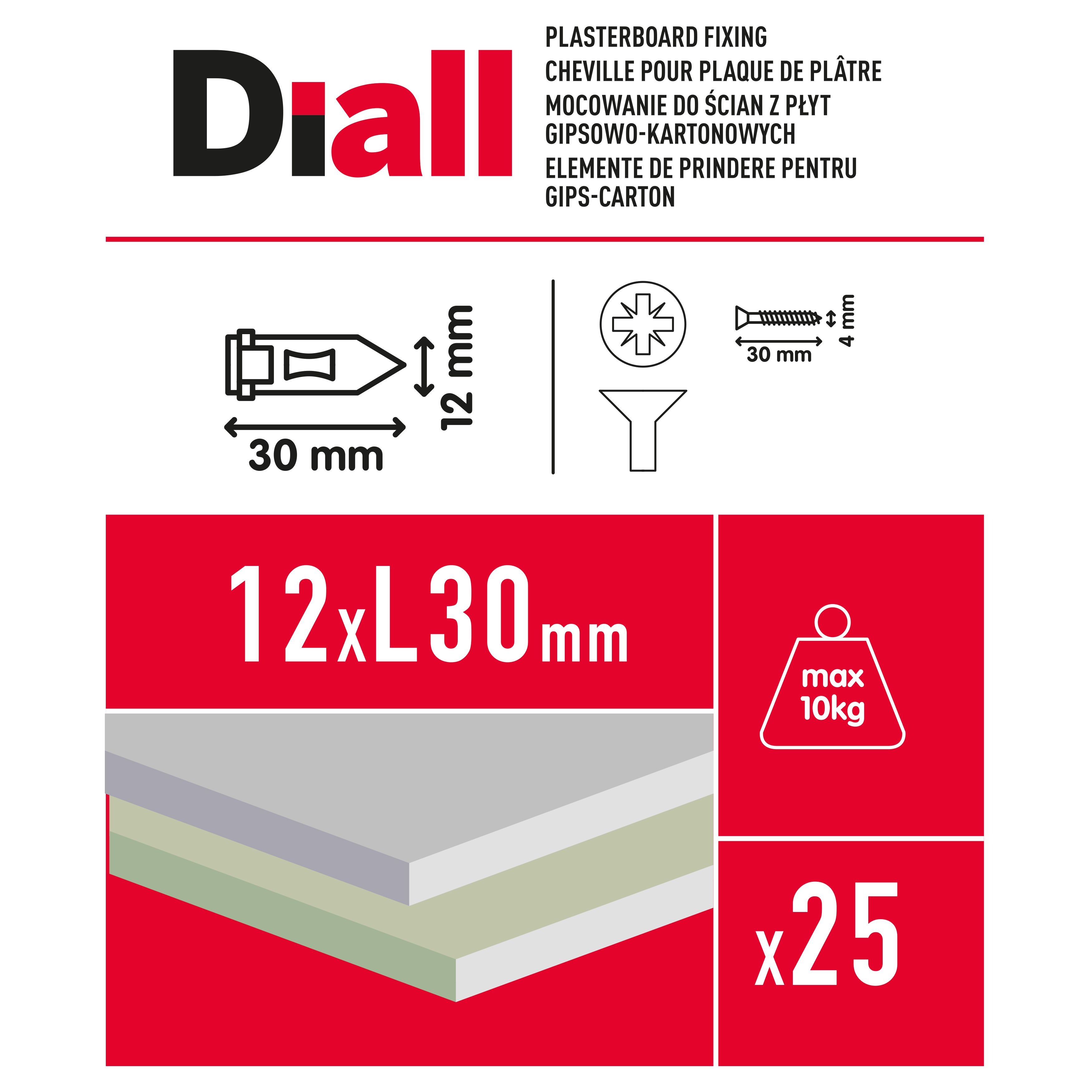 Diall Single Plasterboard fixing (Dia)12mm (L)30mm, Pack of 25