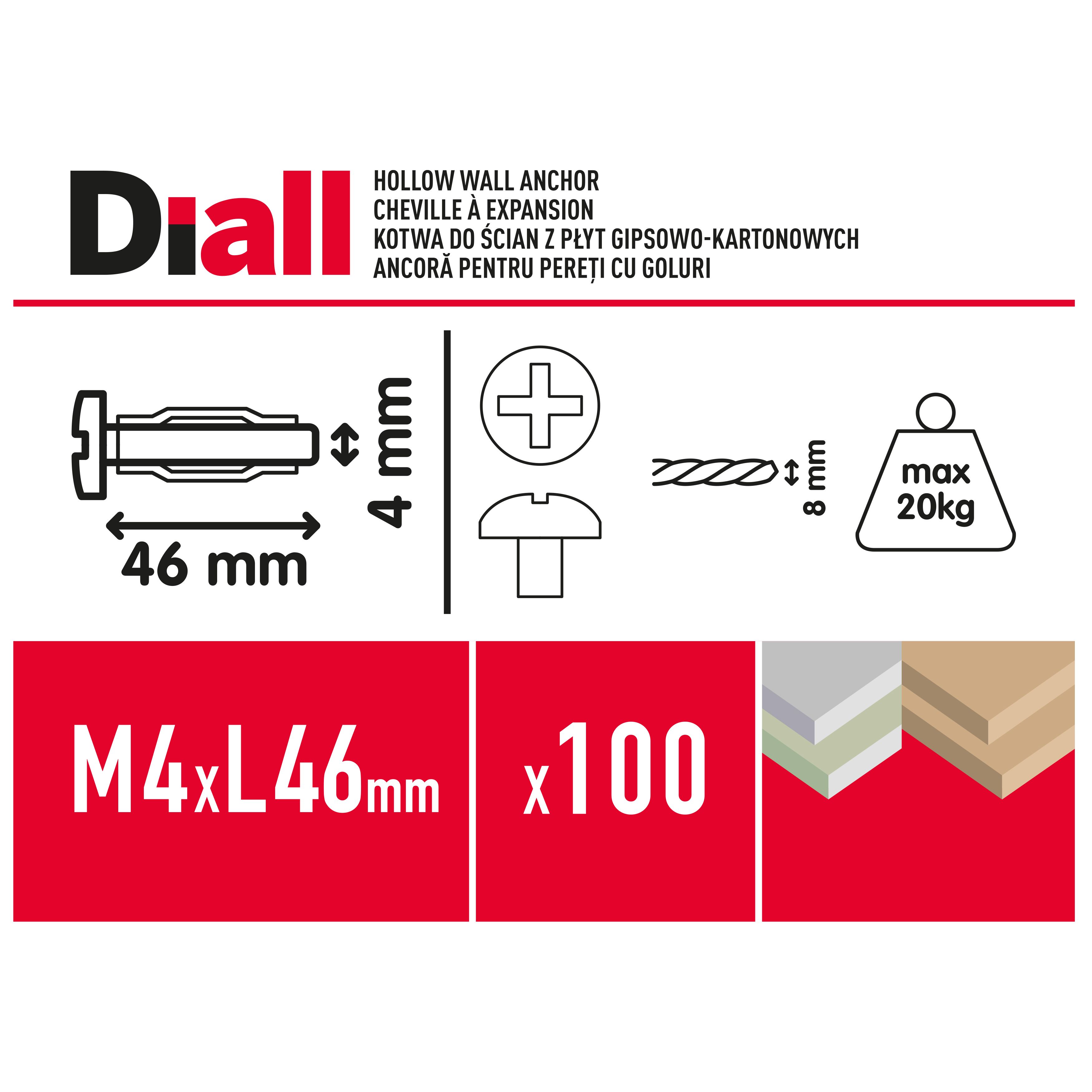 Diall Steel Button Hollow wall anchor M4 (L)46mm, Pack of 100