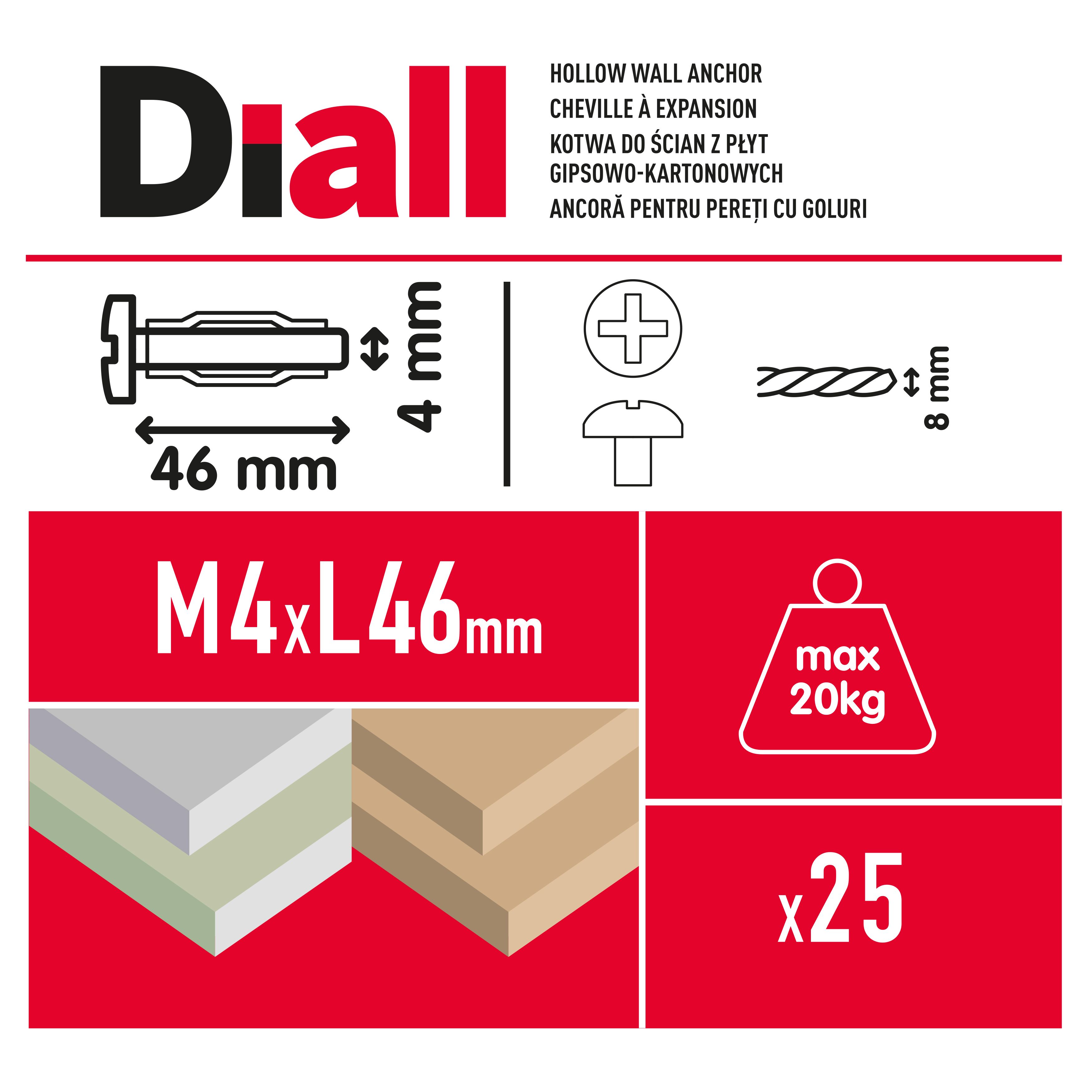 Diall Steel Button Hollow wall anchor M4 (L)46mm, Pack of 25